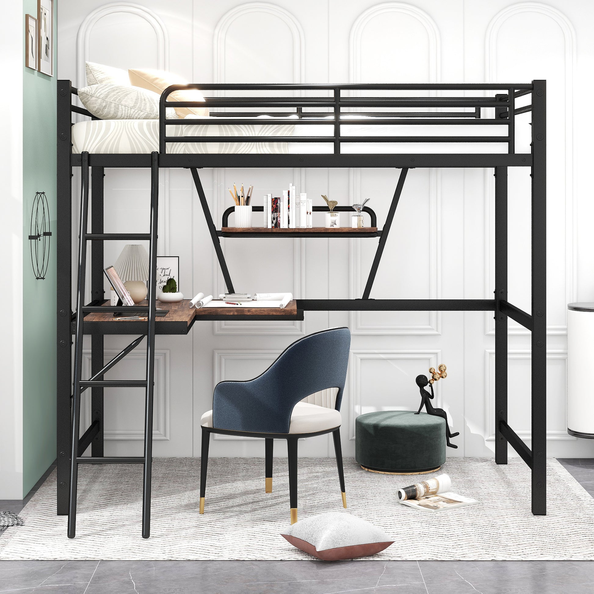 Twin Size Loft Metal&Mdf Bed With Desk And Shelf, Black Old Sku:Sm001105Aab 1 Black Metal