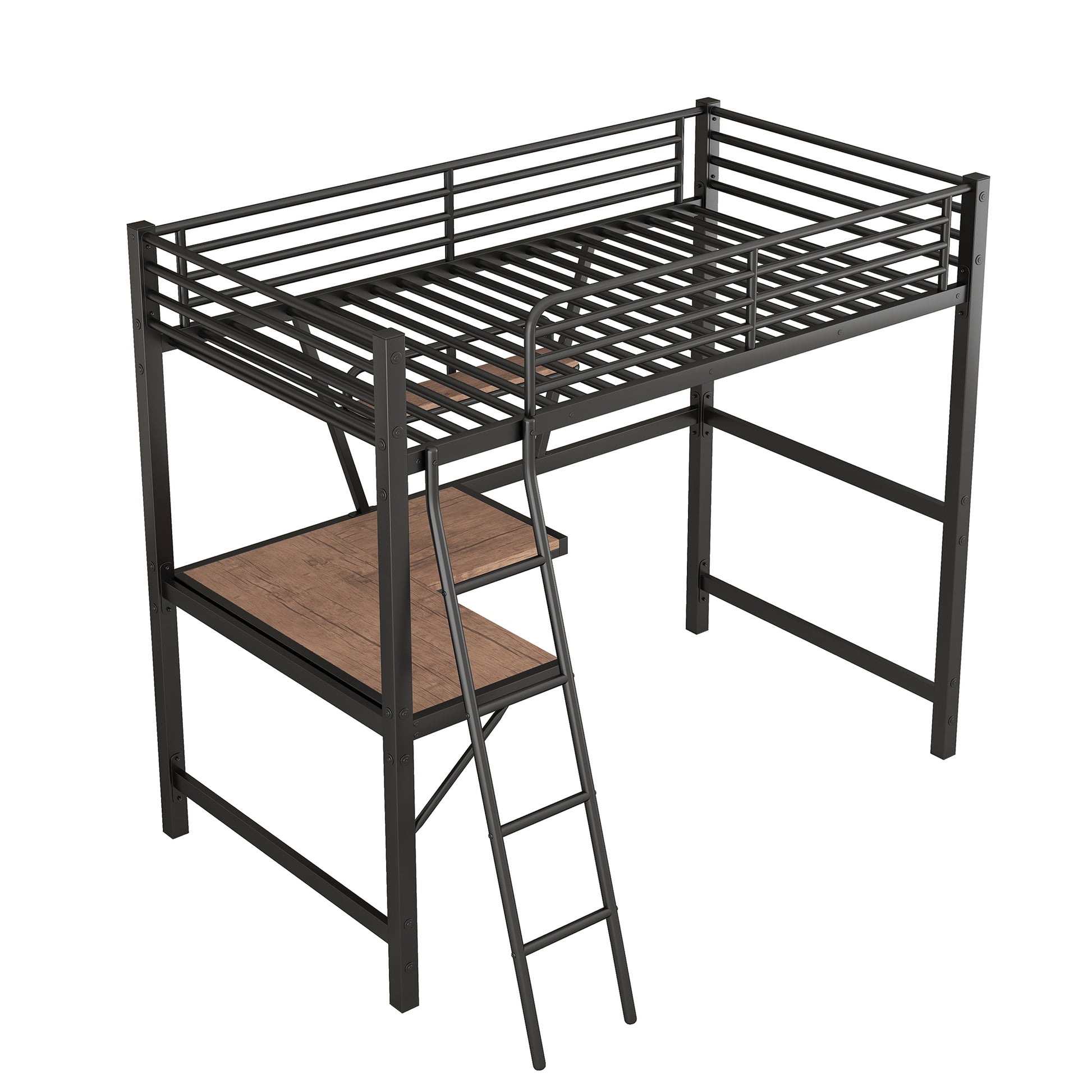 Twin Size Loft Metal&Mdf Bed With Desk And Shelf, Black Old Sku:Sm001105Aab 1 Black Metal