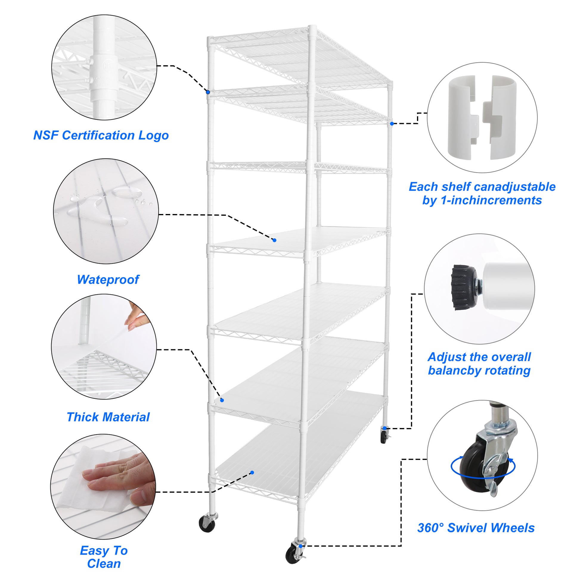 7 Tier Wire Shelving Unit, 2450 Lbs Nsf Height Adjustable Metal Garage Storage Shelves With Wheels, Heavy Duty Storage Wire Rack Metal Shelves White White Iron Plastic