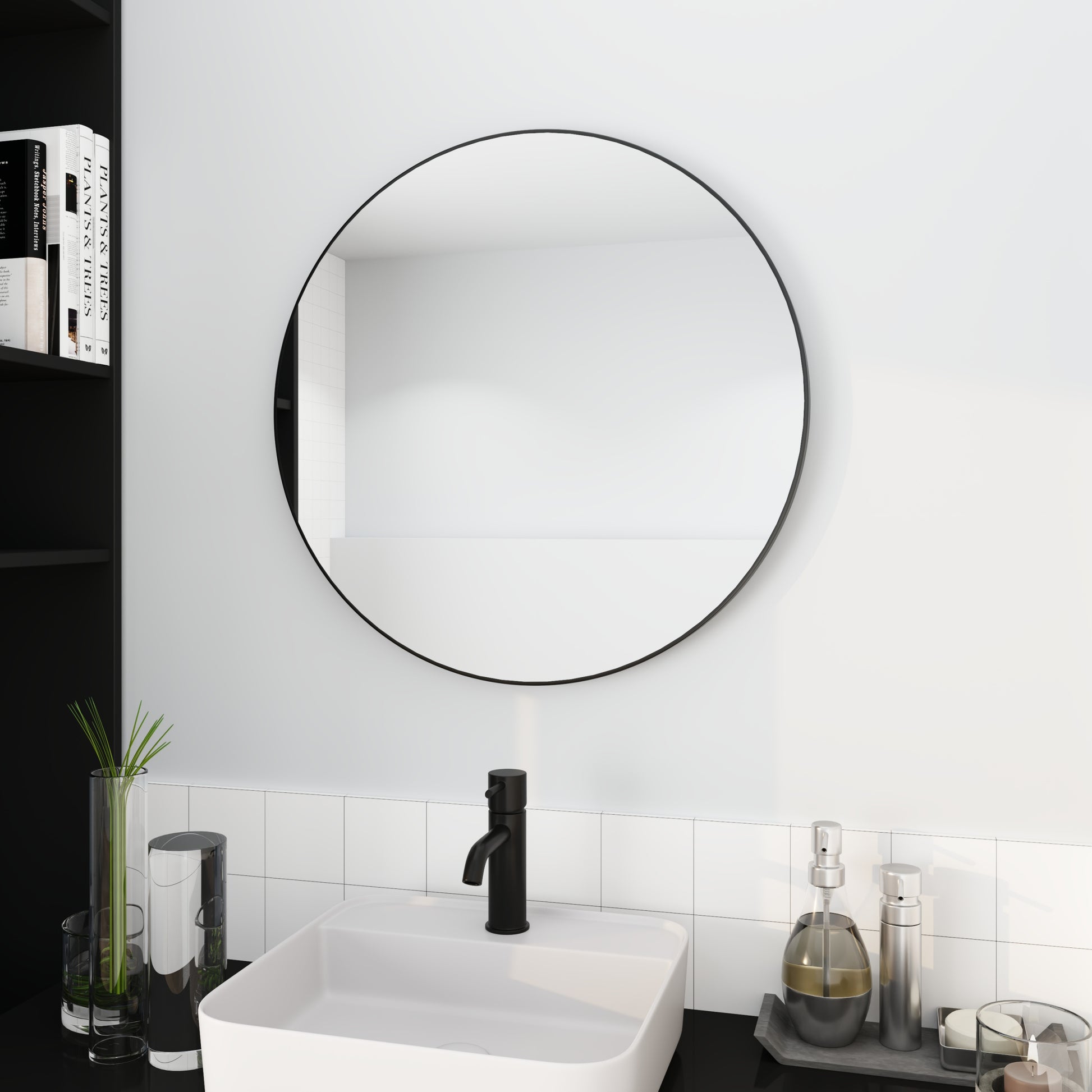 24" Large Round Black Circular Mirror Black Glass