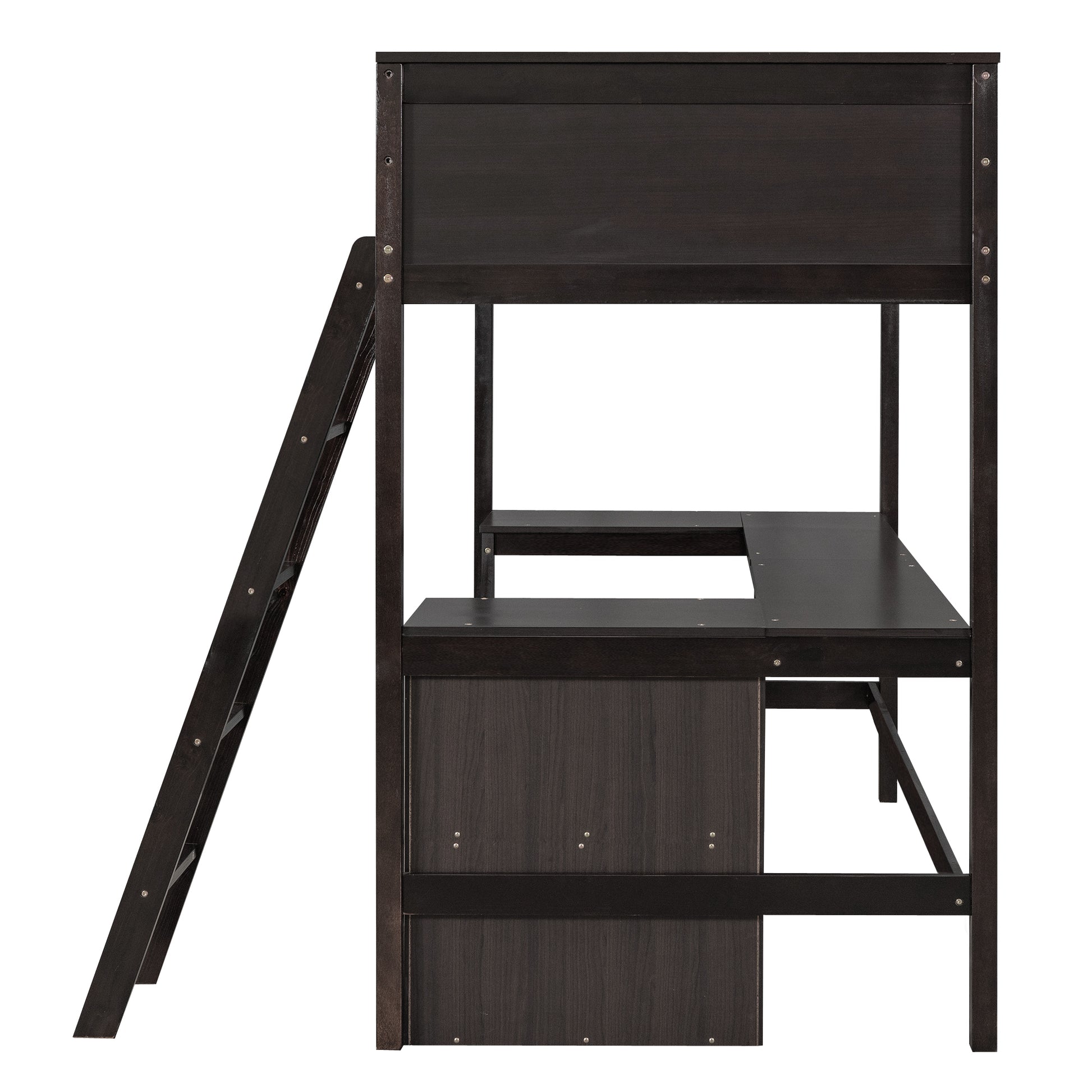 Twin Size Loft Bed With Shelves And Desk, Wooden Loft Bed With Desk Espresso Old Sku:Lt000537Aap Twin Espresso Solid Wood