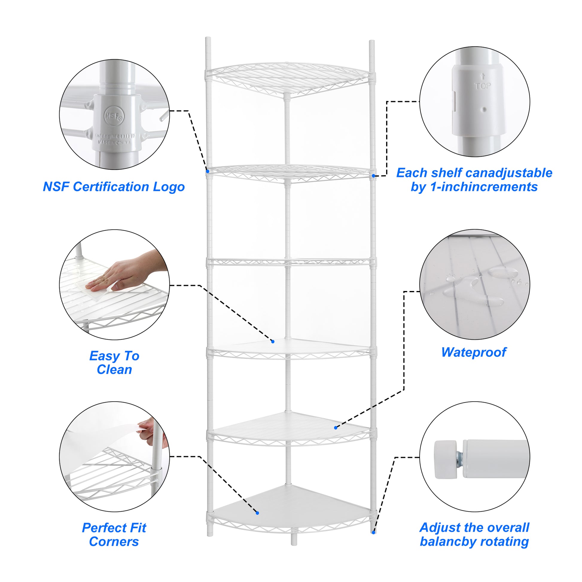 6 Tier Shelf Corner Wire Shelf Rack Adjustable Metal Heavy Duty Free Standing Corner Storage Display Chrome Rack For Bathroom, Living Room, Kitchen White White Iron Plastic