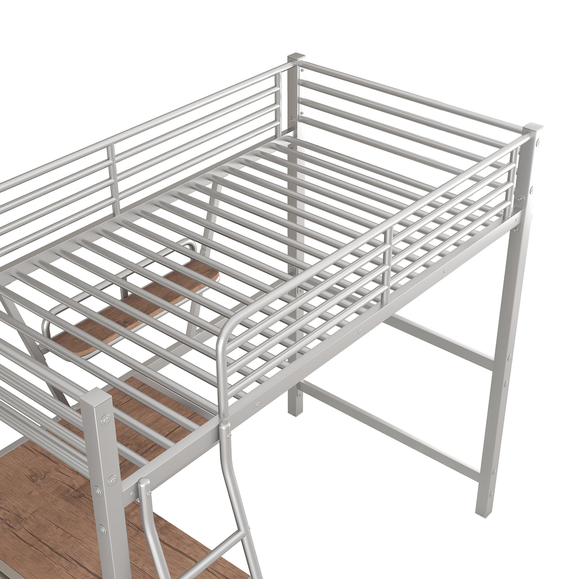 Twin Size Loft Metal&Mdf Bed With Desk And Shelf, Silver Old Sku:Sm001105Aan 1 Silver Metal