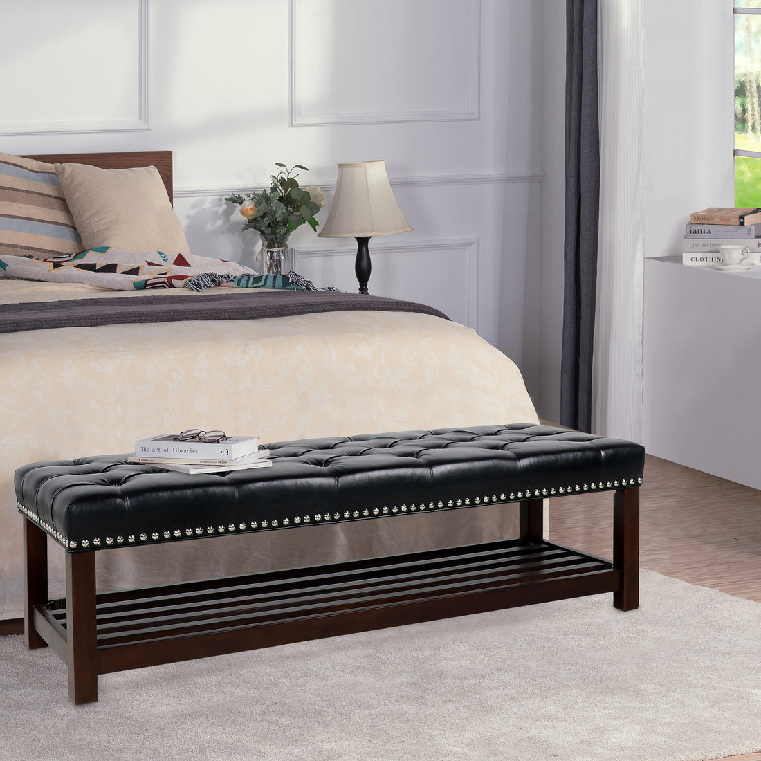 Wooden Base Upholstered Bench For Bedroom For Entryway Black Pu