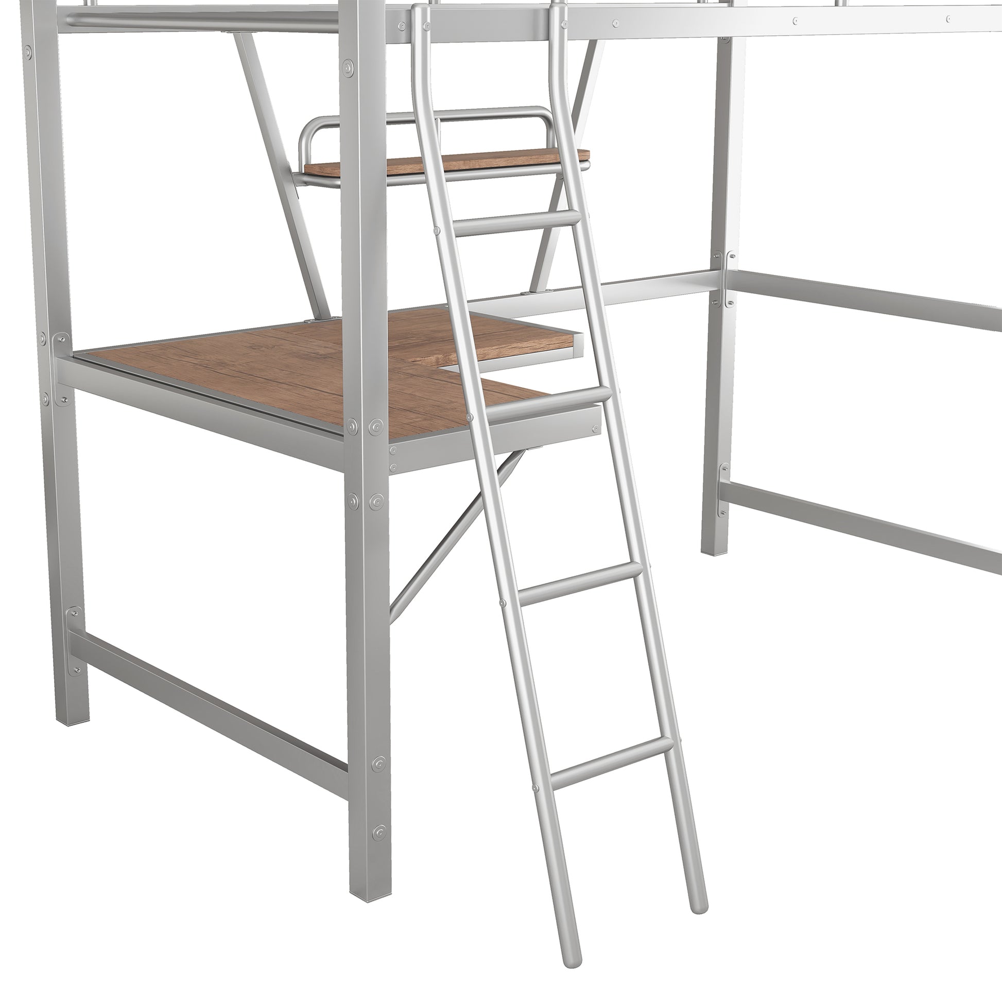 Twin Size Loft Metal&Mdf Bed With Desk And Shelf, Silver Old Sku:Sm001105Aan 1 Silver Metal