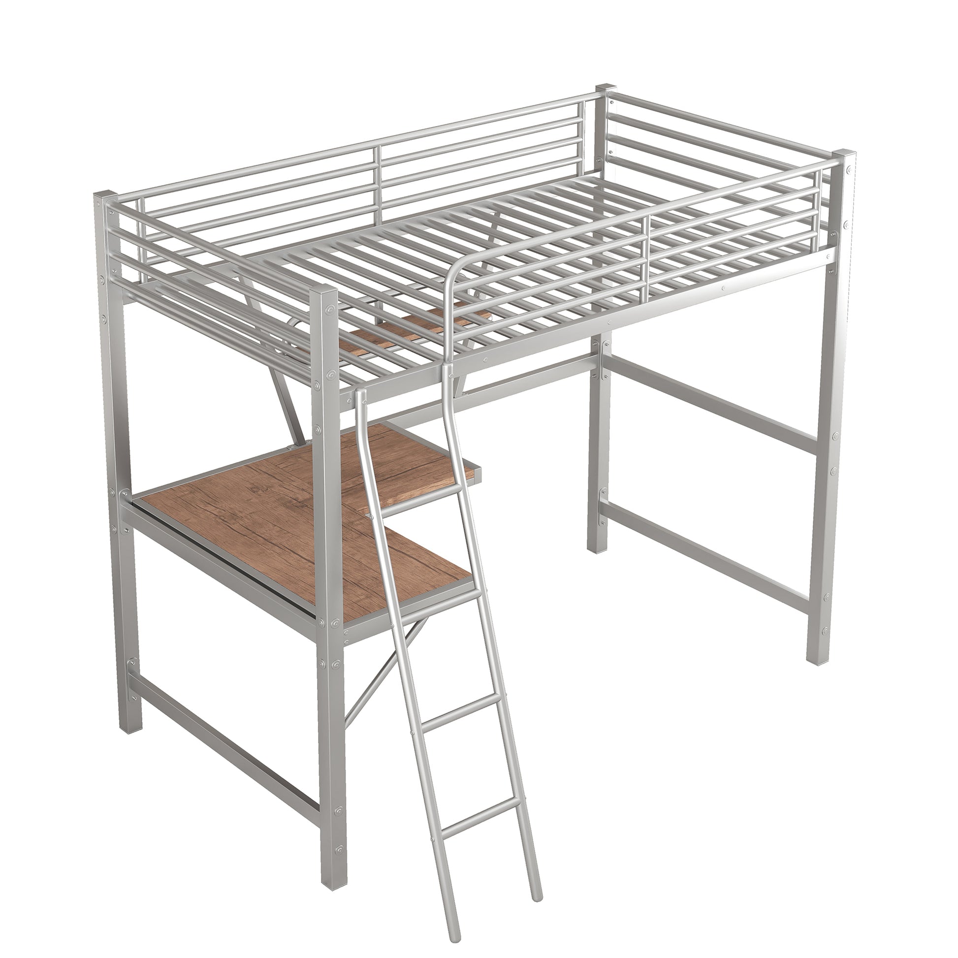 Twin Size Loft Metal&Mdf Bed With Desk And Shelf, Silver Old Sku:Sm001105Aan 1 Silver Metal