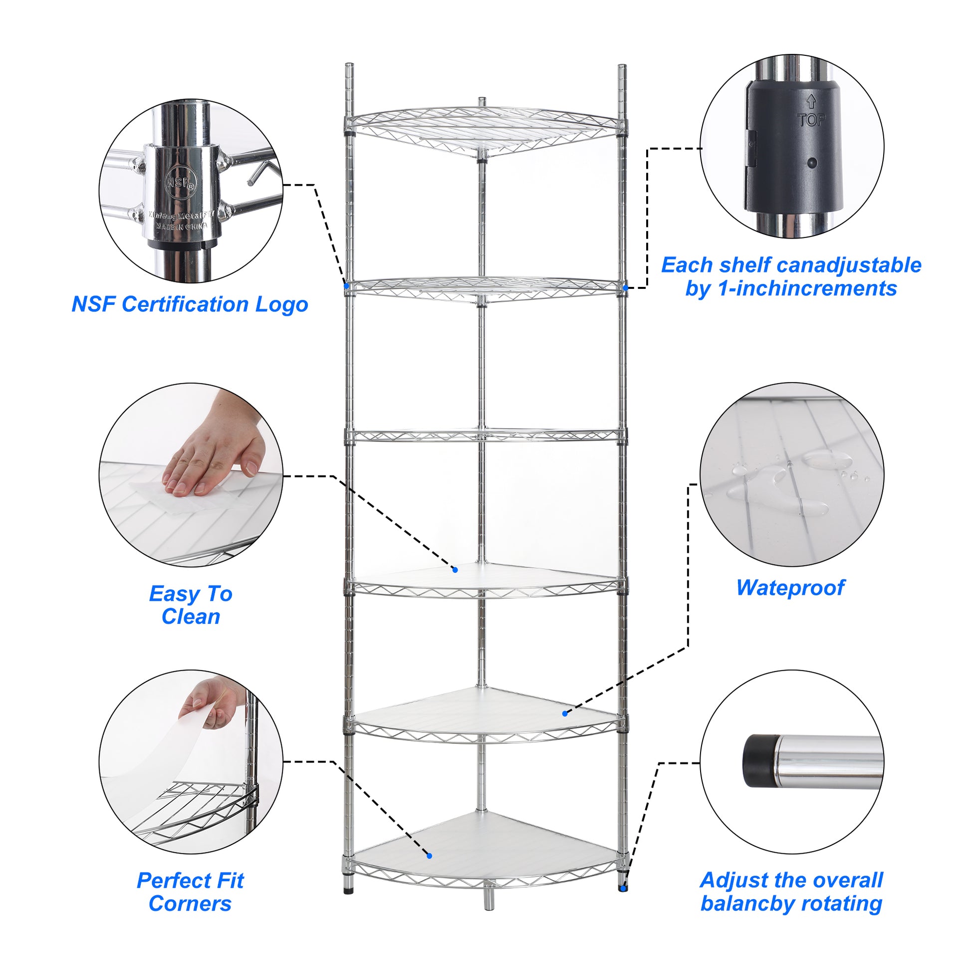 6 Tier Shelf Corner Wire Shelf Rack Adjustable Metal Heavy Duty Free Standing Corner Storage Display Chrome Rack For Bathroom, Living Room, Kitchen Chrome Chrome Iron Plastic