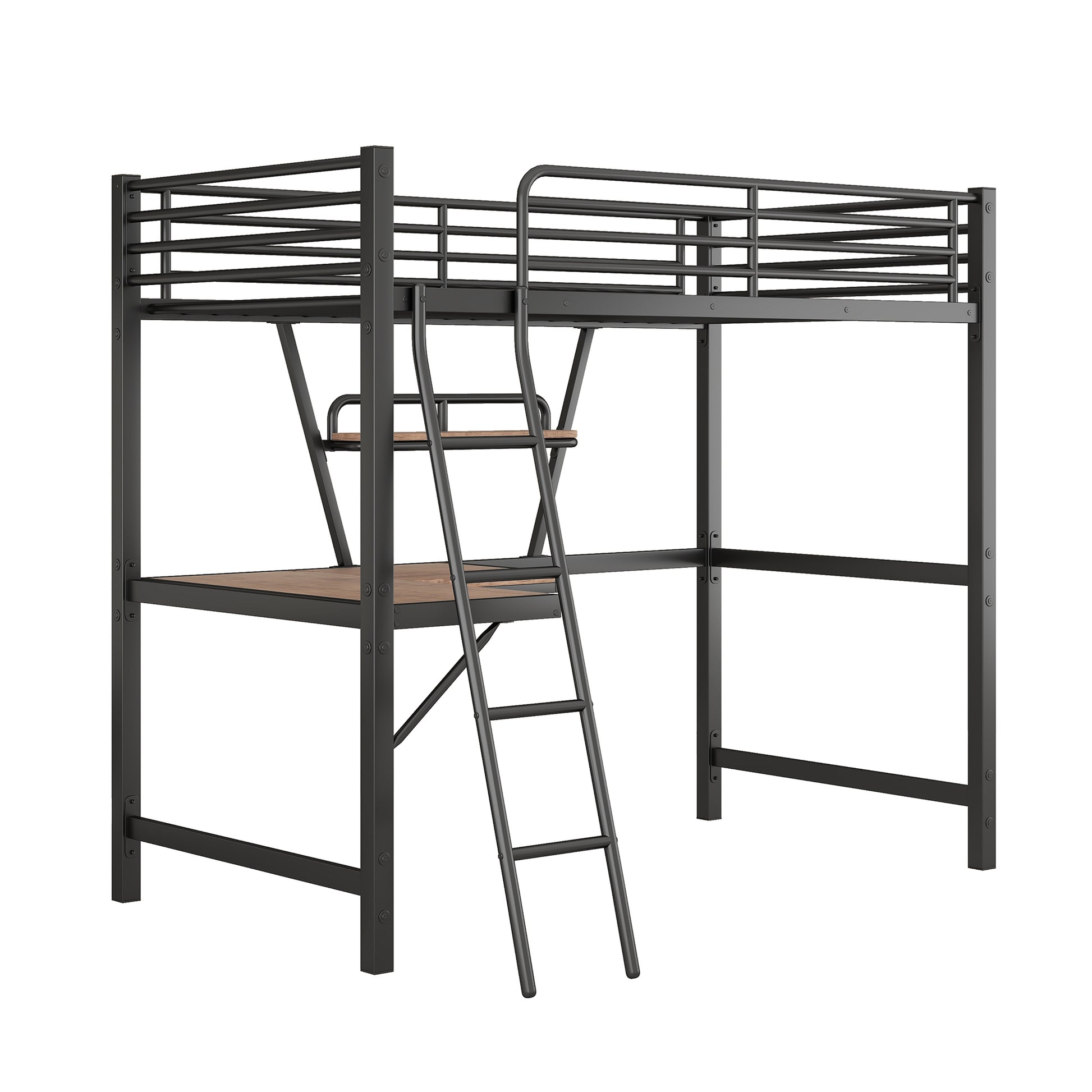 Twin Size Loft Metal&Mdf Bed With Desk And Shelf, Black Old Sku:Sm001105Aab 1 Black Metal
