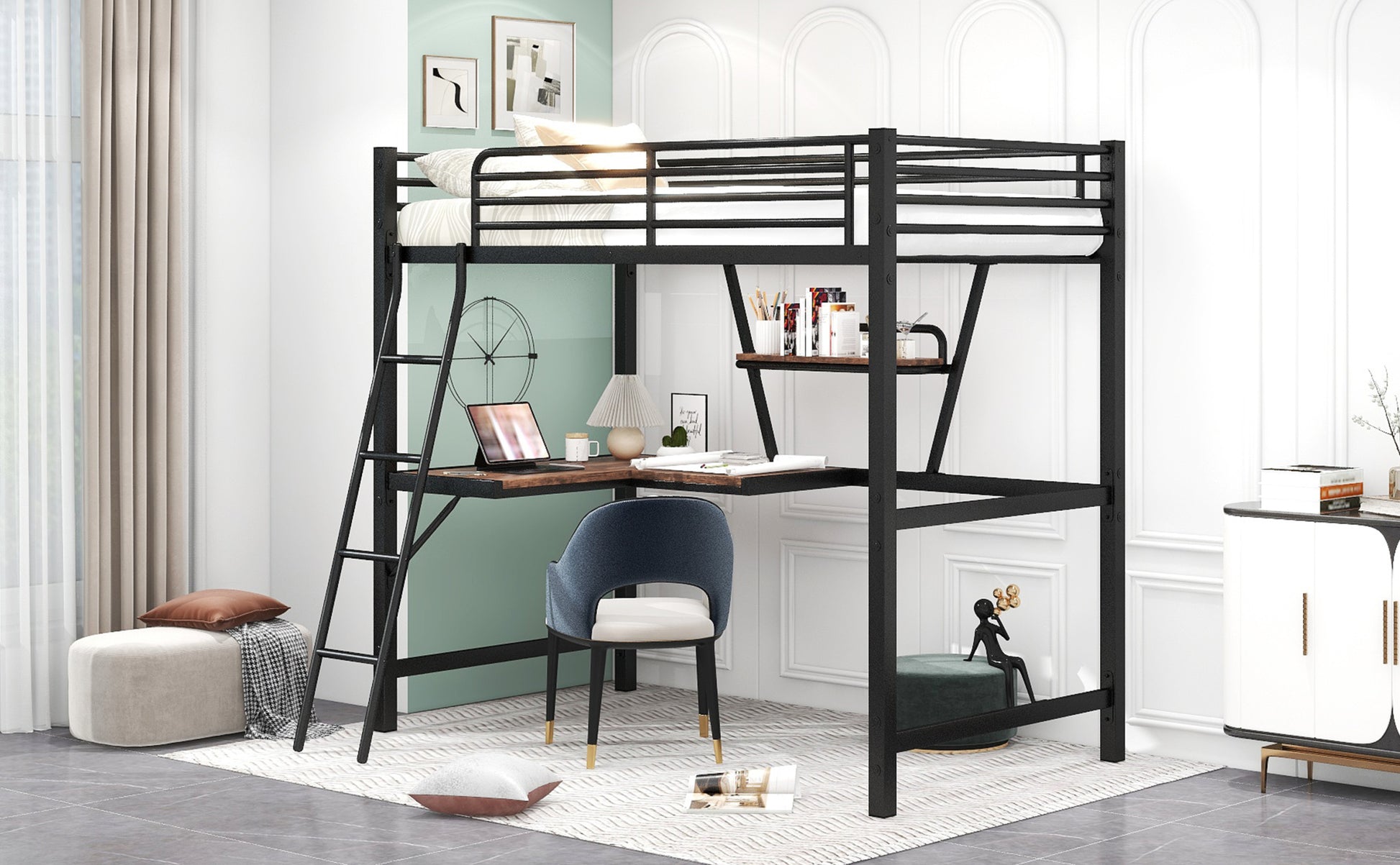 Twin Size Loft Metal&Mdf Bed With Desk And Shelf, Black Old Sku:Sm001105Aab 1 Black Metal
