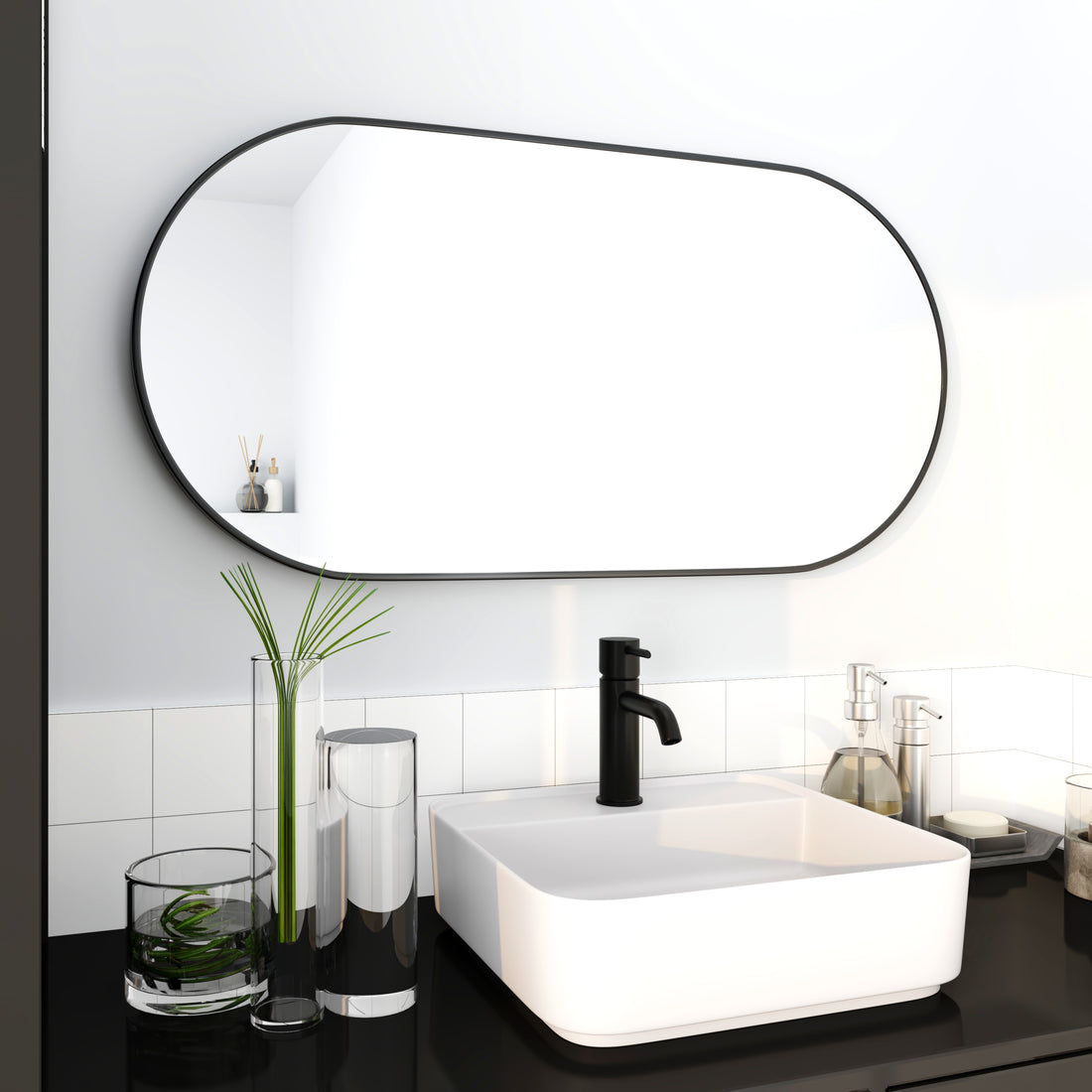 18 X 35 Inch Bathroom Mirror Black Aluminum Frame Black Modern Glass