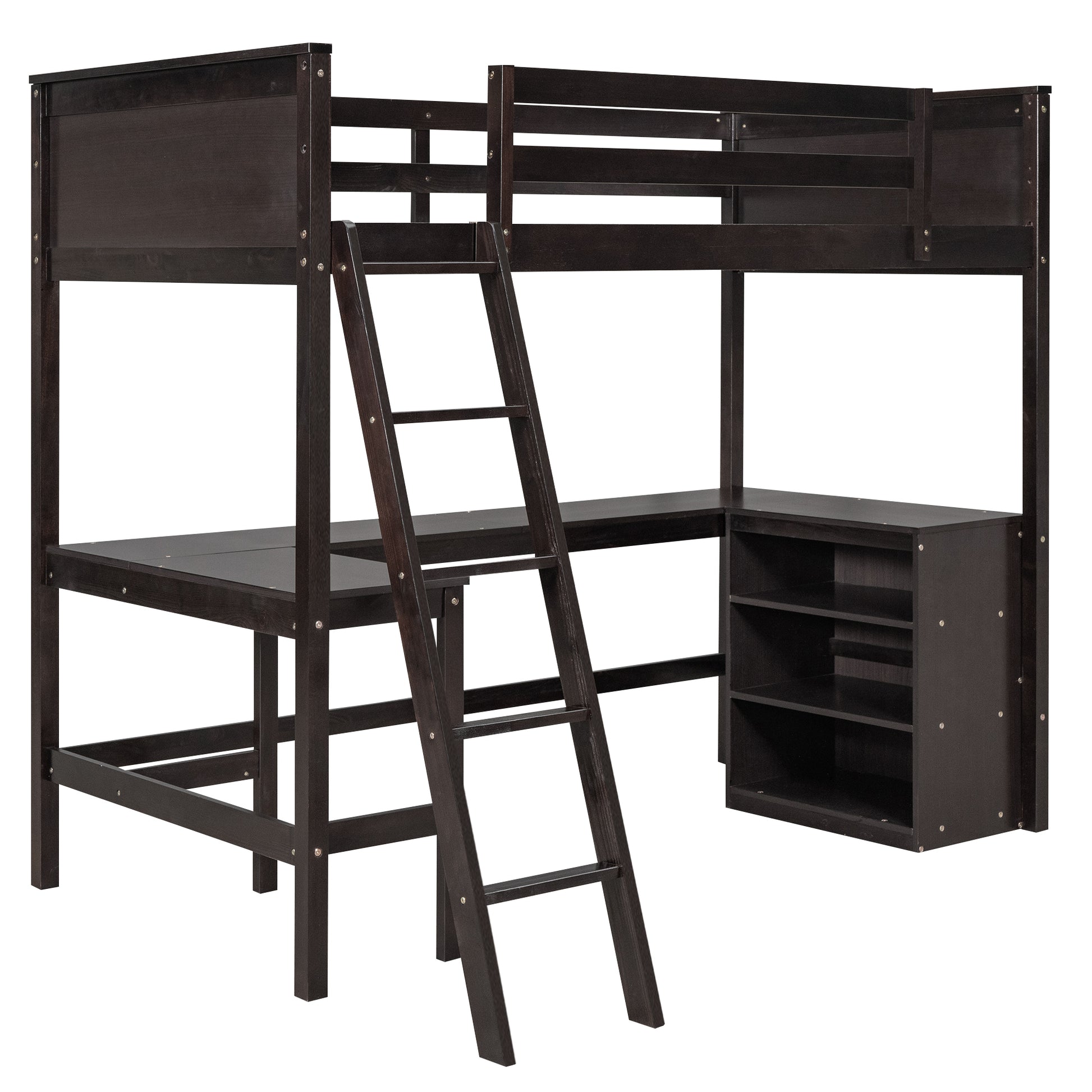 Twin Size Loft Bed With Shelves And Desk, Wooden Loft Bed With Desk Espresso Old Sku:Lt000537Aap Twin Espresso Solid Wood