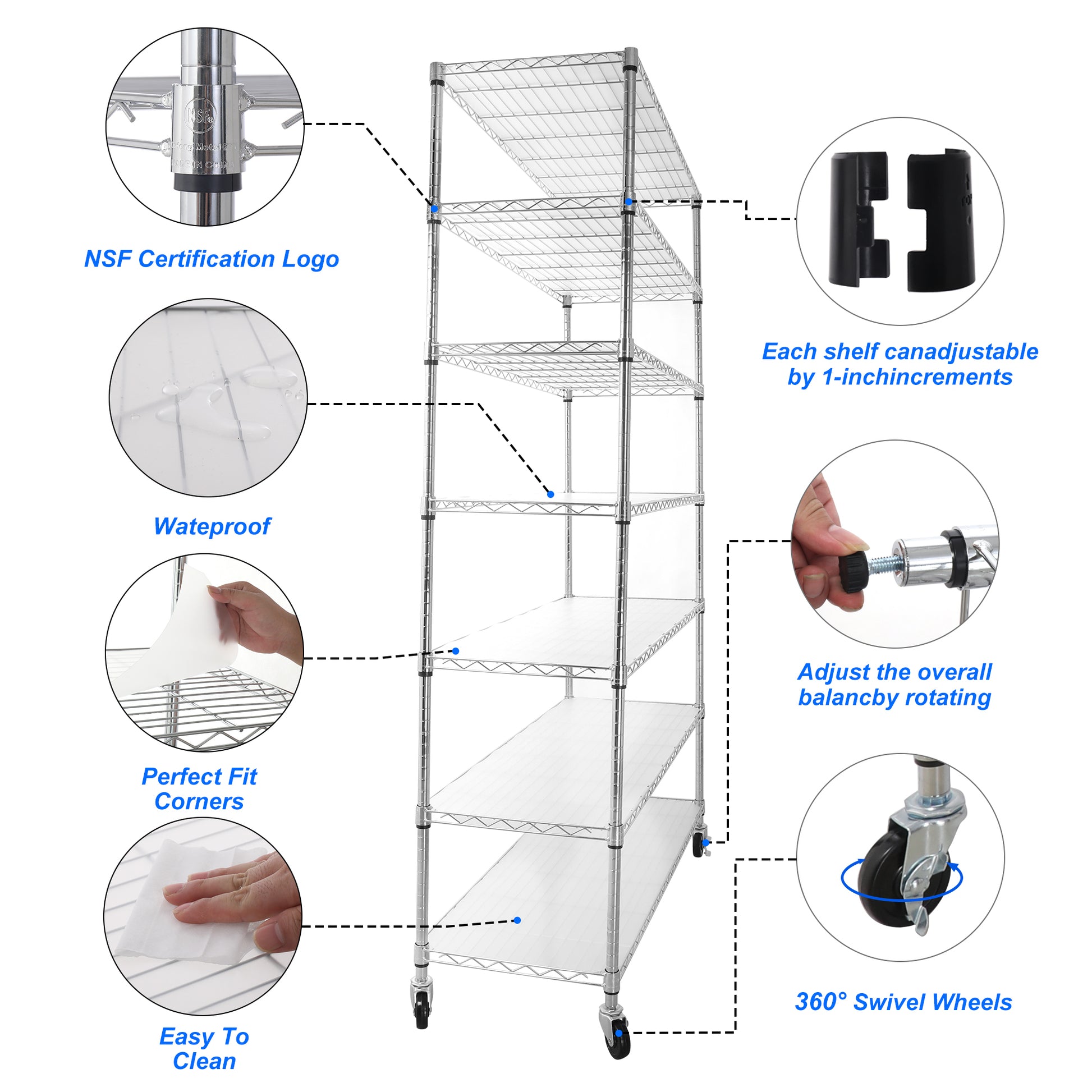 7 Tier Wire Shelving Unit, 2450 Lbs Nsf Height Adjustable Metal Garage Storage Shelves With Wheels, Heavy Duty Storage Wire Rack Metal Shelves Chrome Chrome Iron Plastic