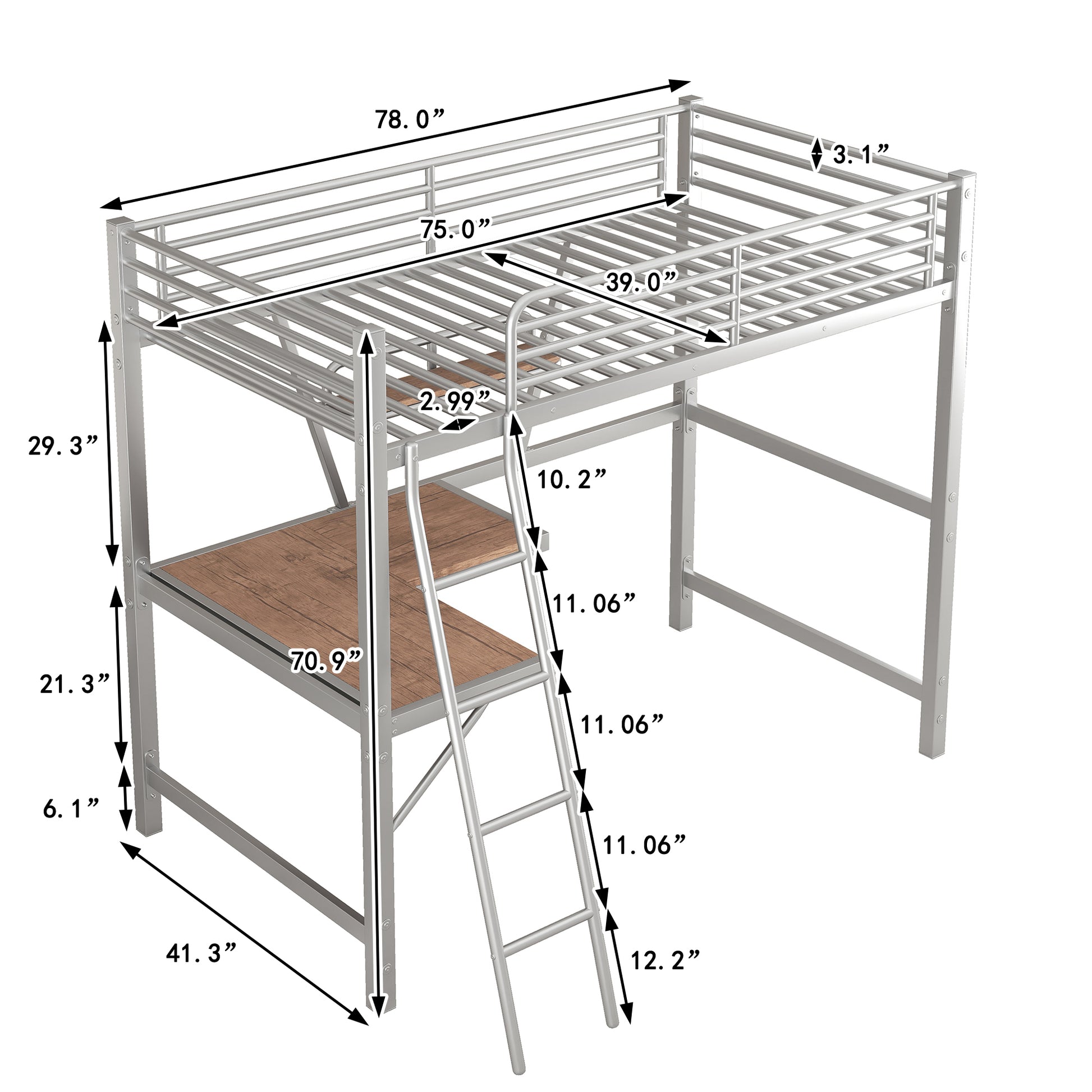 Twin Size Loft Metal&Mdf Bed With Desk And Shelf, Silver Old Sku:Sm001105Aan 1 Silver Metal