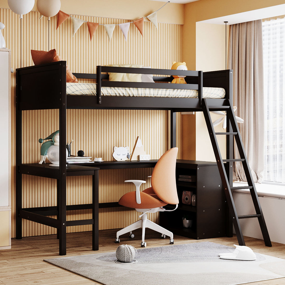 Twin Size Loft Bed With Shelves And Desk, Wooden Loft Bed With Desk Espresso Old Sku:Lt000537Aap Twin Espresso Solid Wood