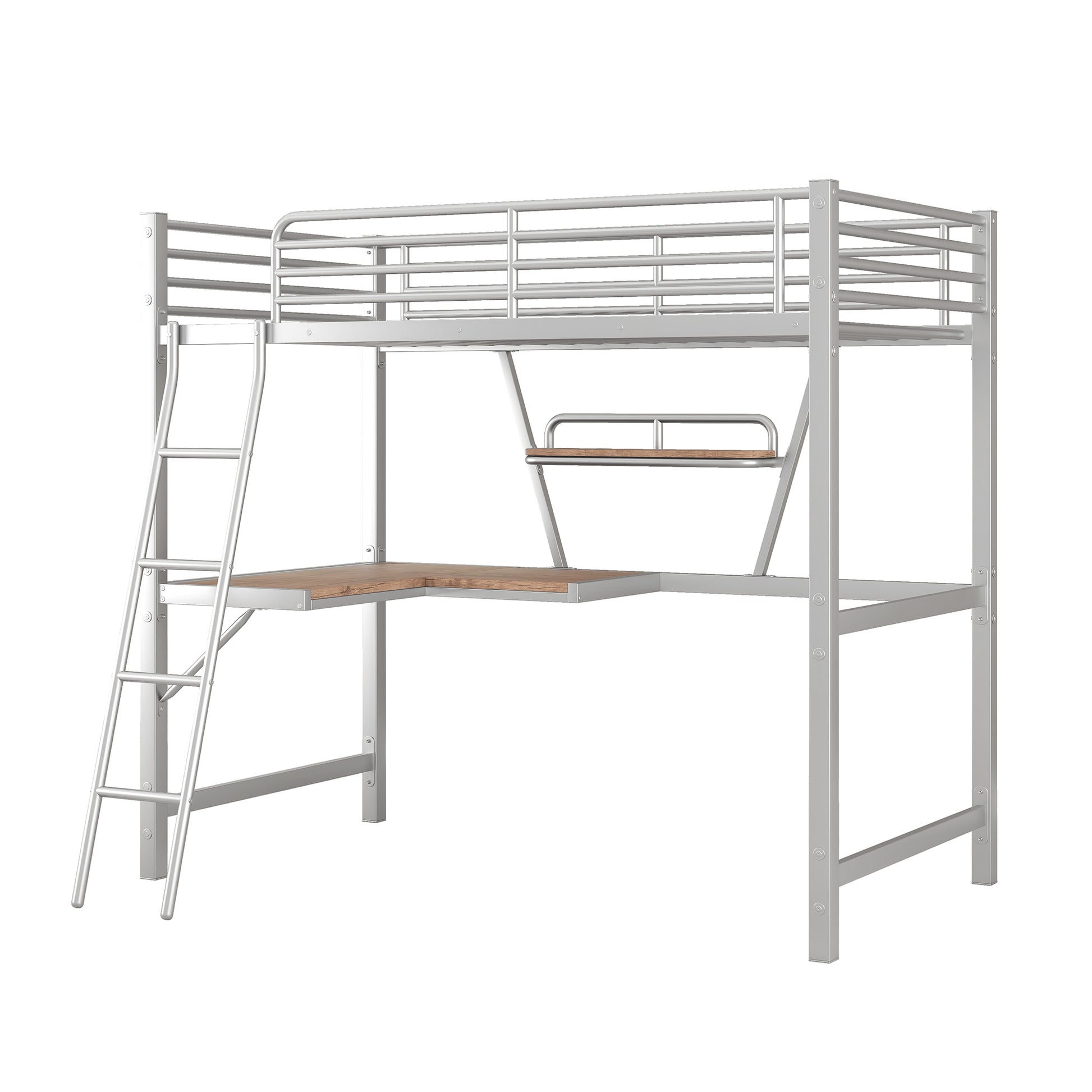 Twin Size Loft Metal&Mdf Bed With Desk And Shelf, Silver Old Sku:Sm001105Aan 1 Silver Metal