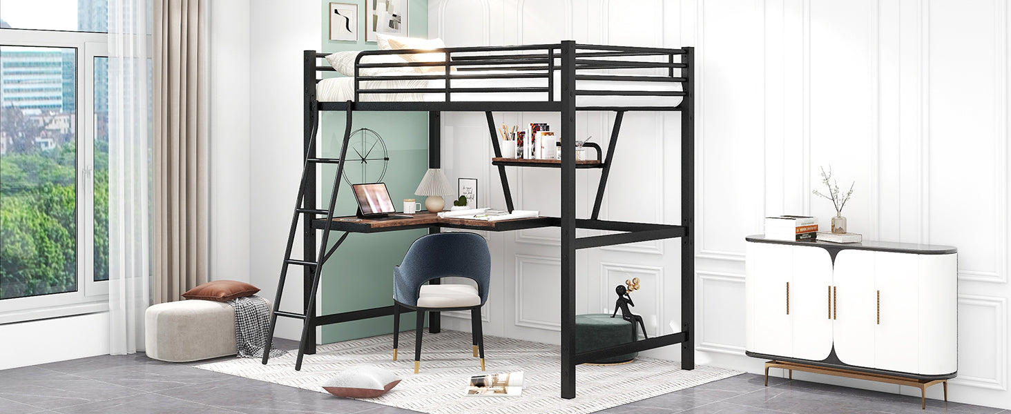 Twin Size Loft Metal&Mdf Bed With Desk And Shelf, Black Old Sku:Sm001105Aab 1 Black Metal