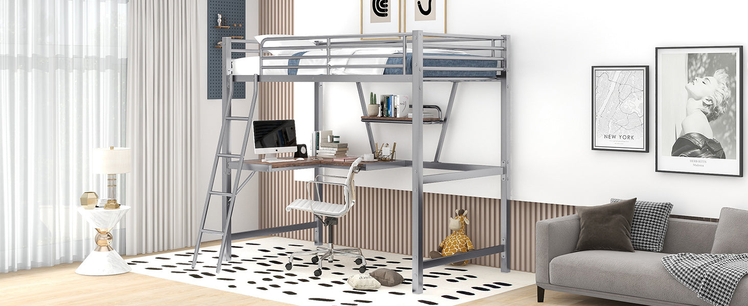 Twin Size Loft Metal&Mdf Bed With Desk And Shelf, Silver Old Sku:Sm001105Aan 1 Silver Metal