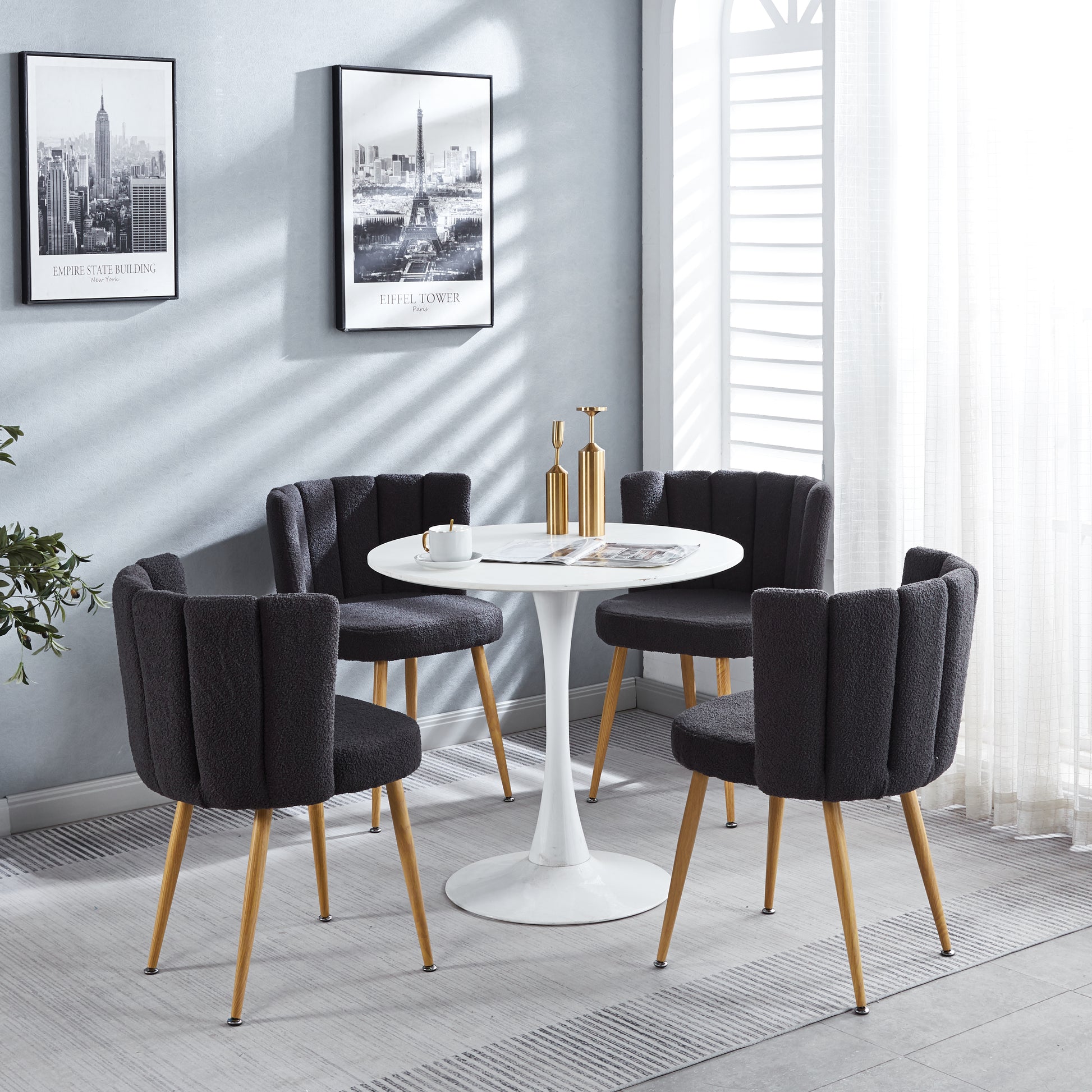Modern Gray Dining Chair Set Of 2 With Iron Tube Wood Color Legs, Shorthair Cushions And Comfortable Backrest, Suitable For Dining Room, Living Room, Cafe, Simple Structure. Grey Fabric
