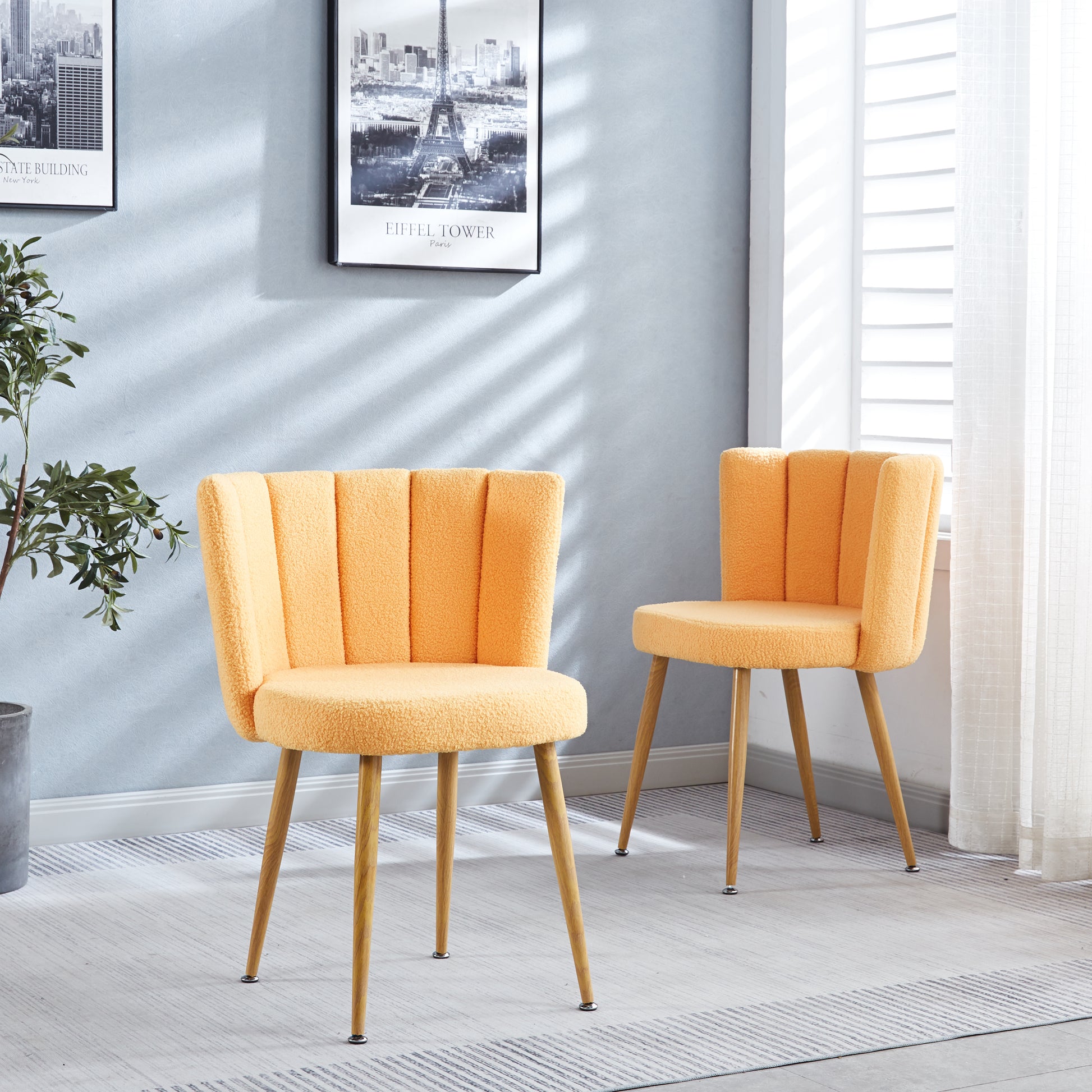 Modern Yellow Dining Chair Set Of 2 With Iron Tube Wood Color Legs, Shorthair Cushions And Comfortable Backrest, Suitable For Dining Room, Living Room, Cafe, Simple Structure. Yellow Fabric