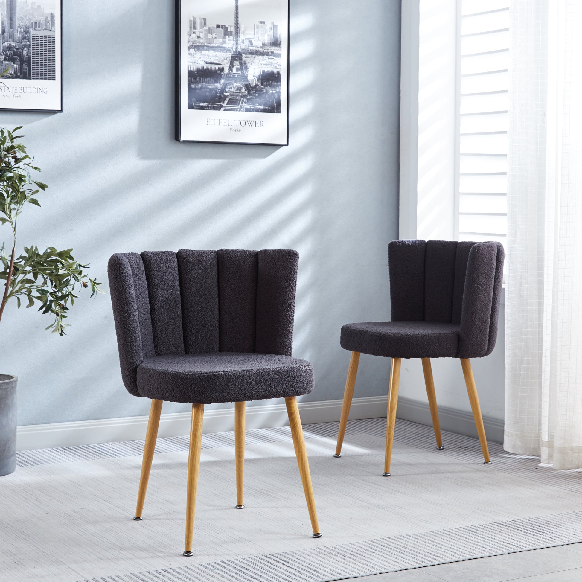 Modern Gray Dining Chair Set Of 2 With Iron Tube Wood Color Legs, Shorthair Cushions And Comfortable Backrest, Suitable For Dining Room, Living Room, Cafe, Simple Structure. Grey Fabric