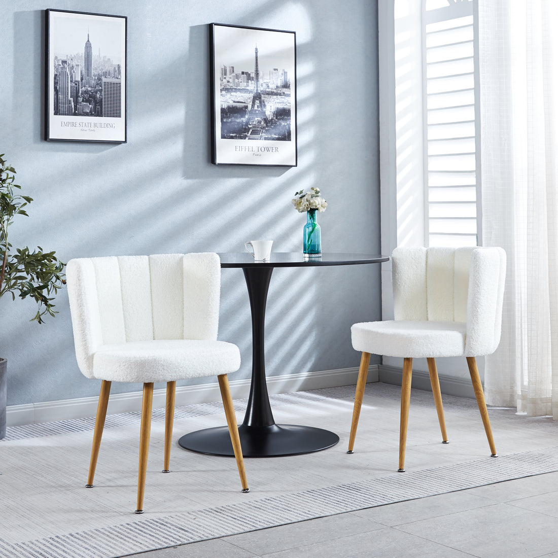 Modern White Dining Chair Set Of 2 With Iron Tube Wood Color Legs, Shorthair Cushions And Comfortable Backrest, Suitable For Dining Room, Living Room, Cafe, Simple Structure. White Fabric