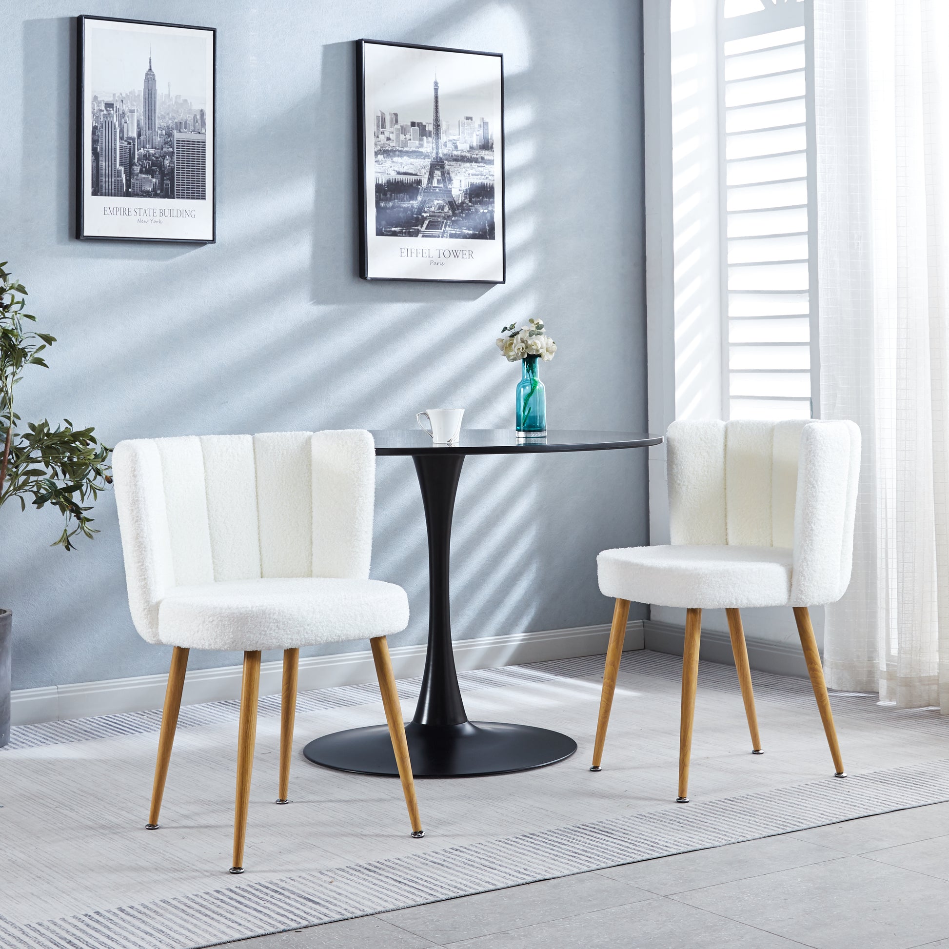 Modern White Dining Chair Set Of 2 With Iron Tube Wood Color Legs, Shorthair Cushions And Comfortable Backrest, Suitable For Dining Room, Living Room, Cafe, Simple Structure. White Fabric
