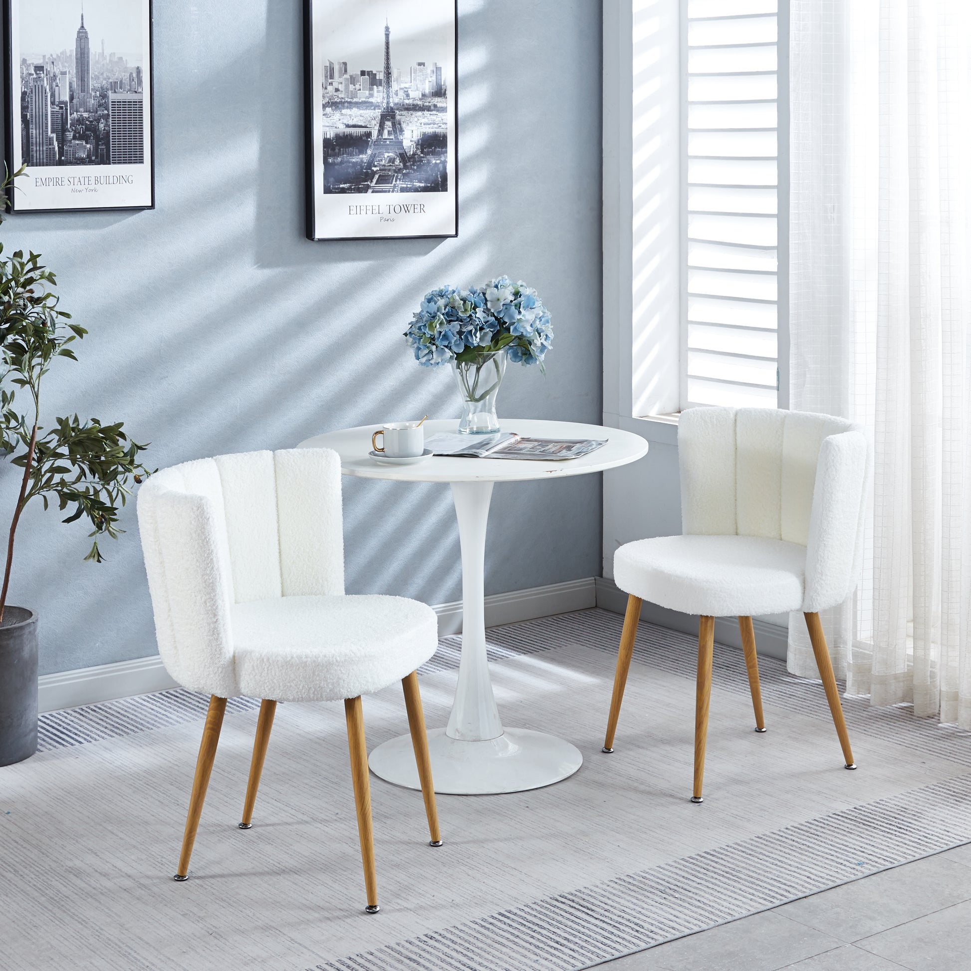 Modern White Dining Chair Set Of 2 With Iron Tube Wood Color Legs, Shorthair Cushions And Comfortable Backrest, Suitable For Dining Room, Living Room, Cafe, Simple Structure. White Fabric