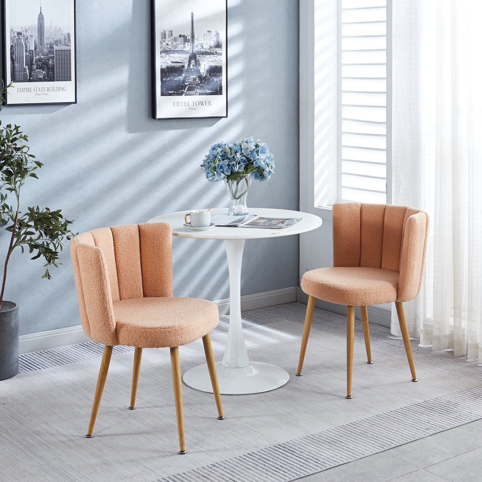 Modern Beige Dining Chair Set Of 2 With Iron Tube Wood Color Legs, Shorthair Cushions And Comfortable Backrest, Suitable For Dining Room, Living Room, Cafe, Simple Structure. Light Beige Fabric