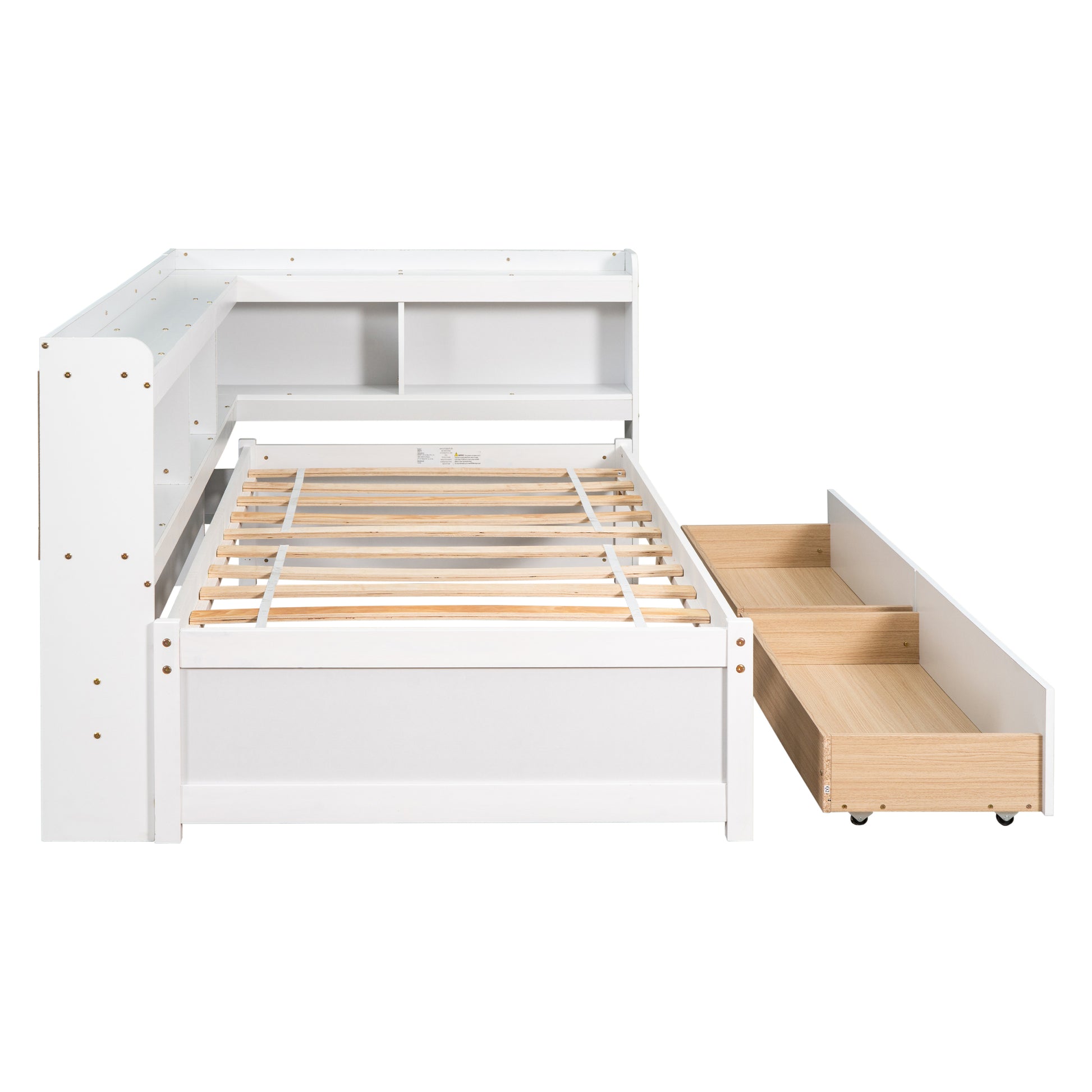 Twin Bed With L Shaped Bookcases,Drawers ,White White Pine