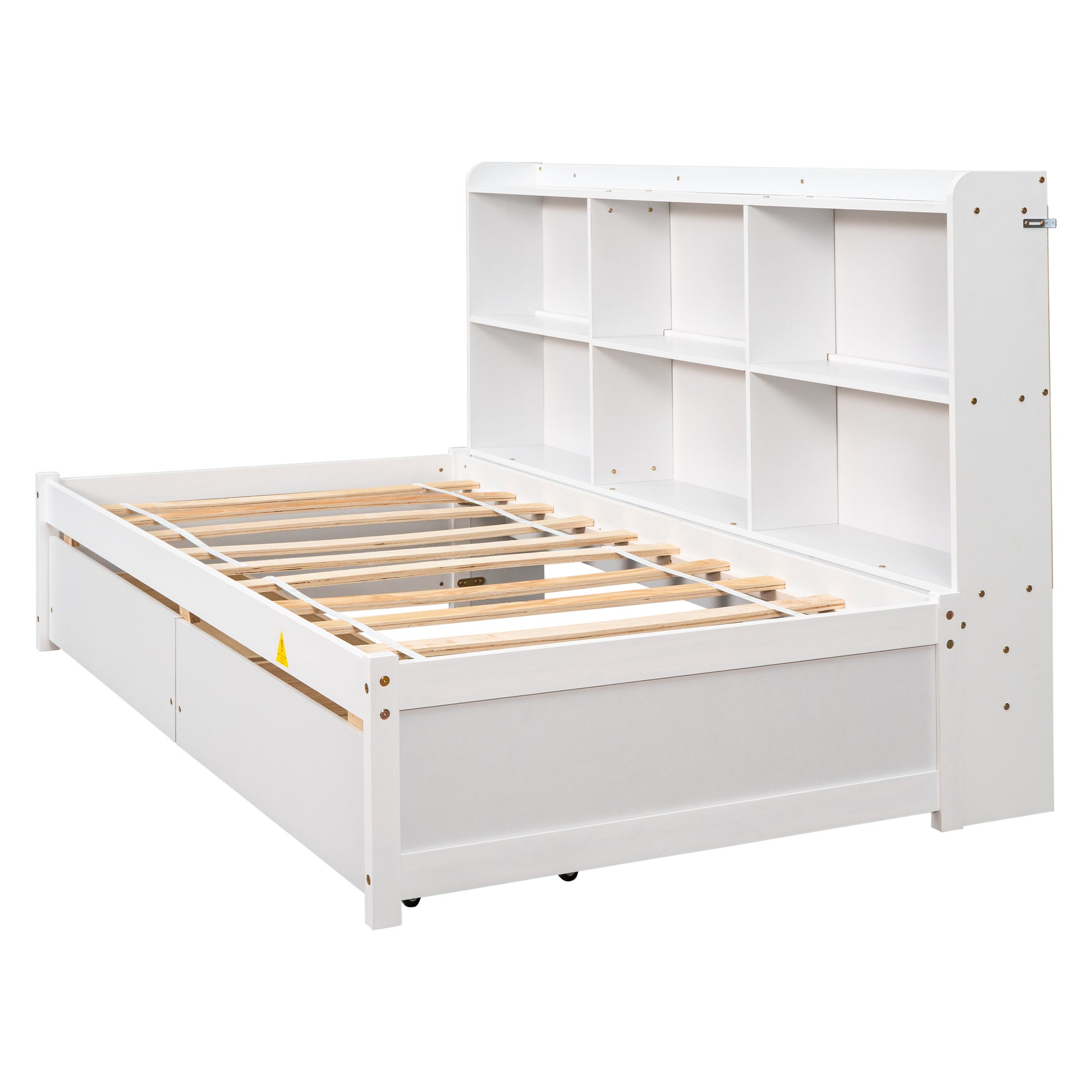 Twin Bed With Side Bookcase, Drawers,White White Pine