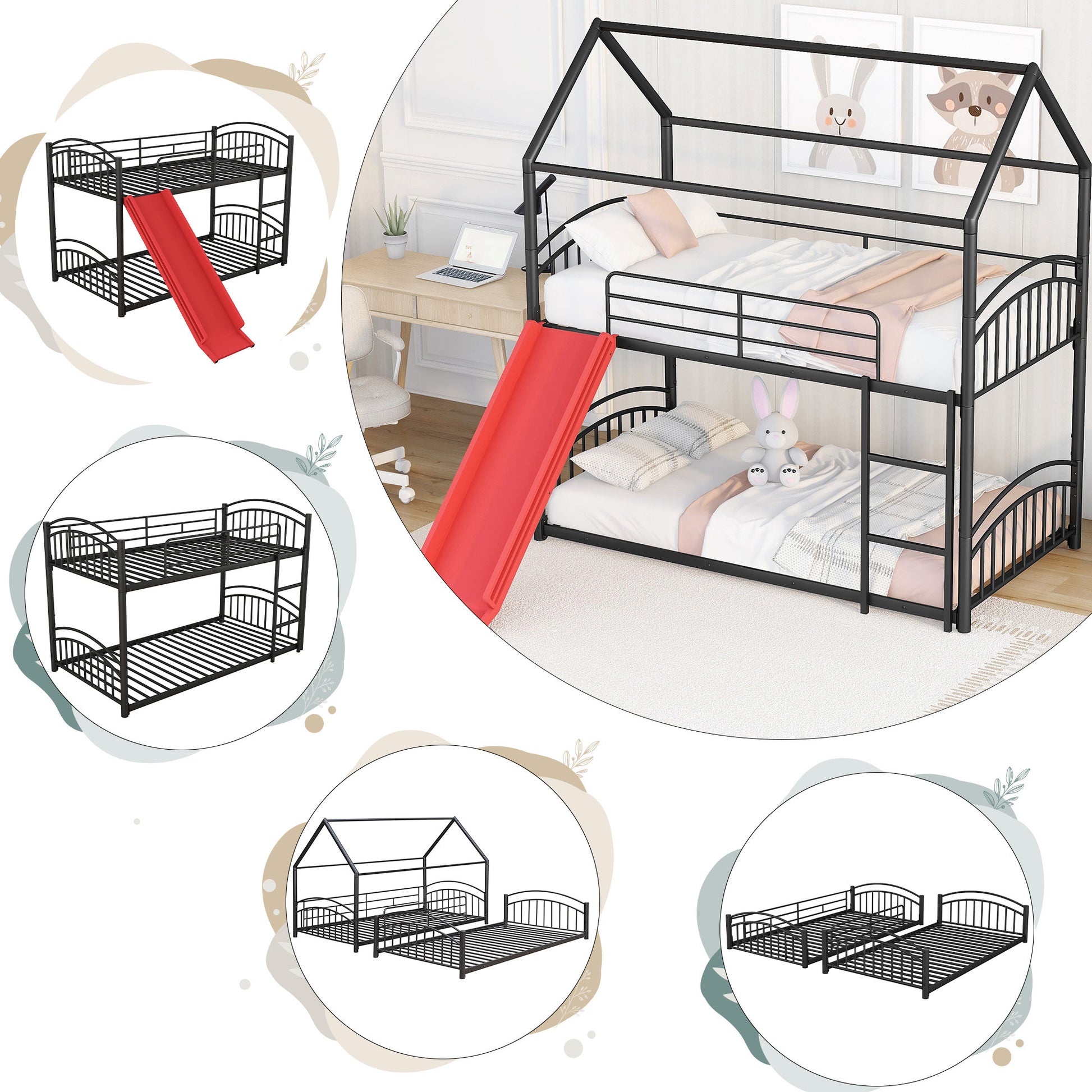 Twin Over Twin Metal Bunk Bed With Slide,Kids House Bed Black Red Twin Black Metal