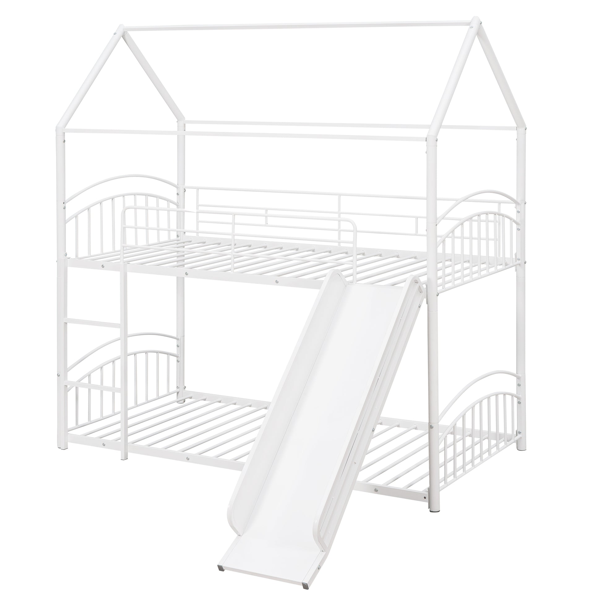 Twin Over Twin Metal Bunk Bed With Slide,Kids House Bed White White Metal