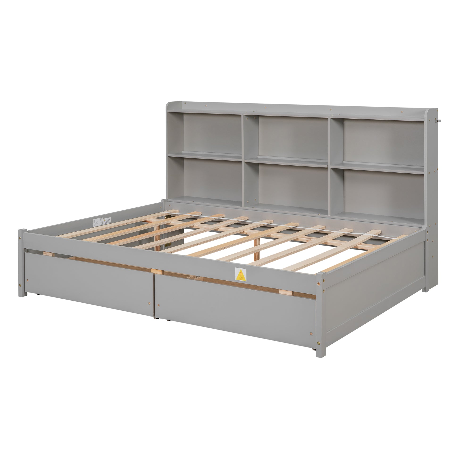 Full Bed With Side Bookcase, Drawers,Grey Full Grey Pine