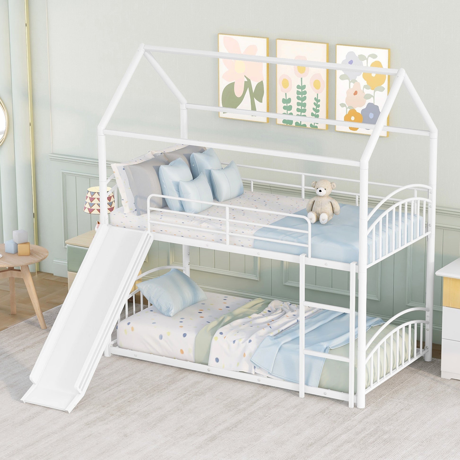 Twin Over Twin Metal Bunk Bed With Slide,Kids House Bed White White Metal