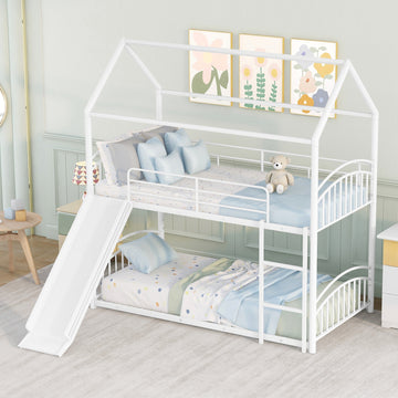 Twin Over Twin Metal Bunk Bed With Slide,Kids House Bed White White Metal