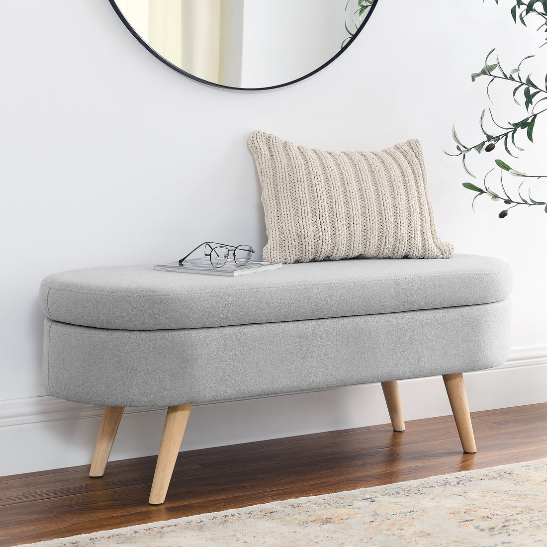 Ottoman Oval Storage Bench, Rubber Wood Legs, Grey 43.5"X16"X16" Grey Linen