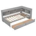 Twin Bed With L Shaped Bookcases,Drawers,Grey Twin Gray Pine