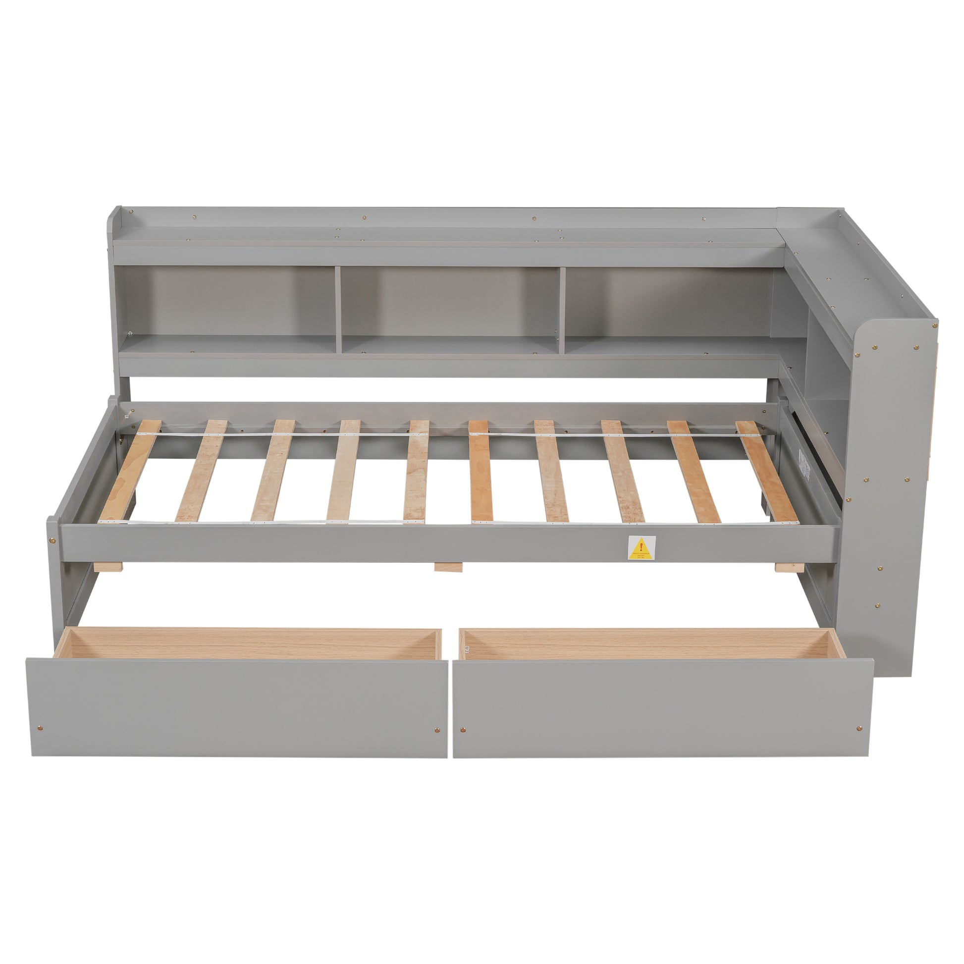 Twin Bed With L Shaped Bookcases,Drawers,Grey Twin Gray Pine