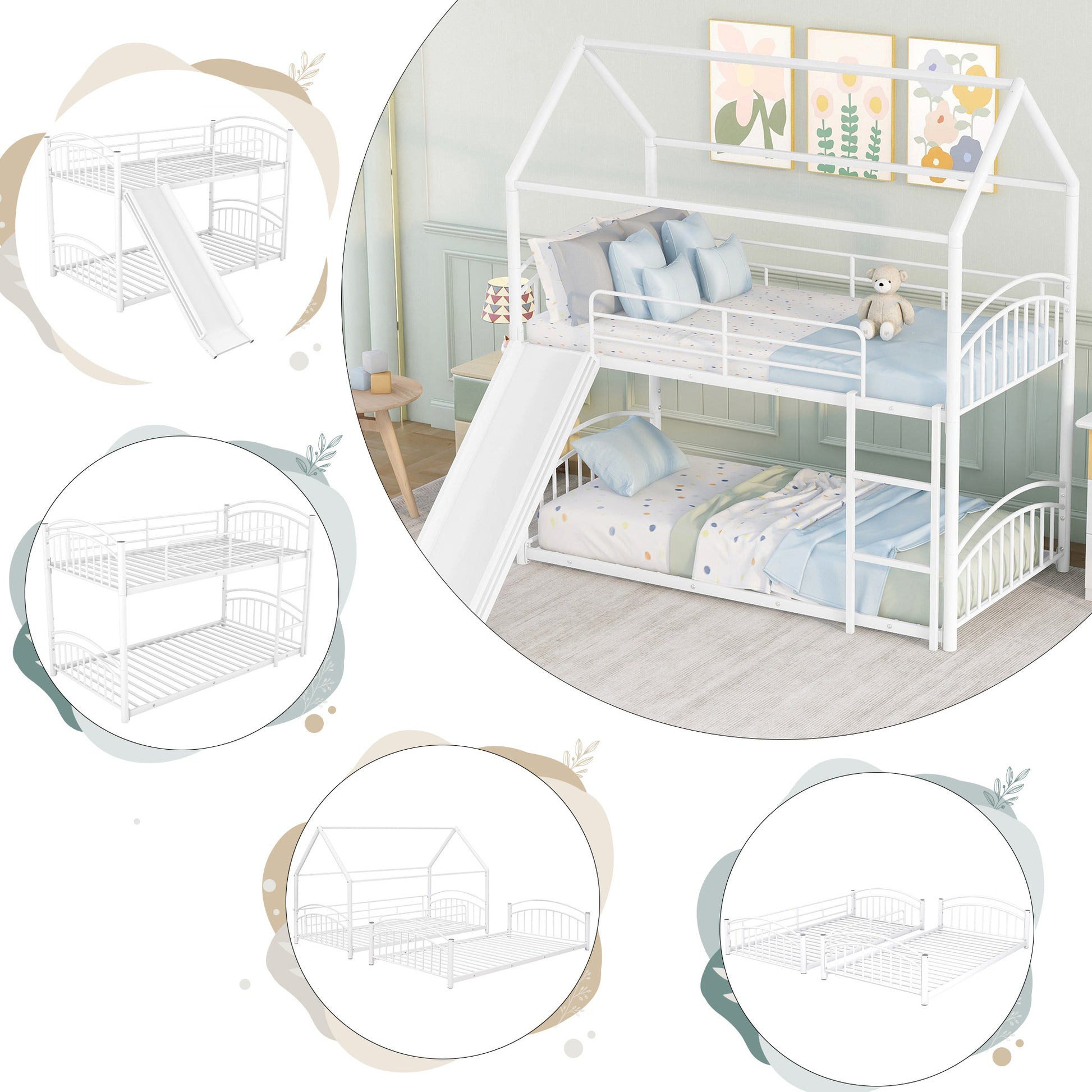 Twin Over Twin Metal Bunk Bed With Slide,Kids House Bed White White Metal