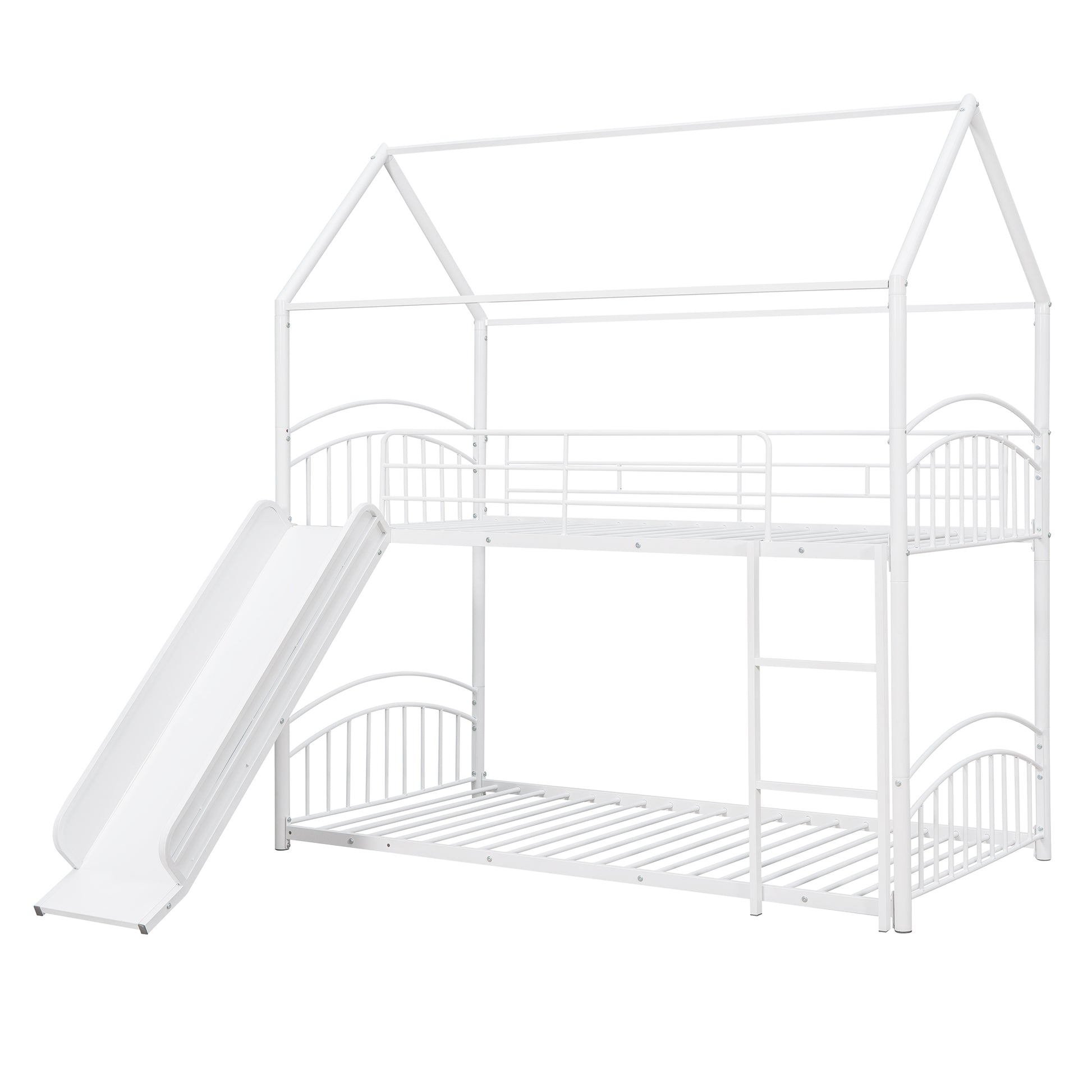 Twin Over Twin Metal Bunk Bed With Slide,Kids House Bed White White Metal