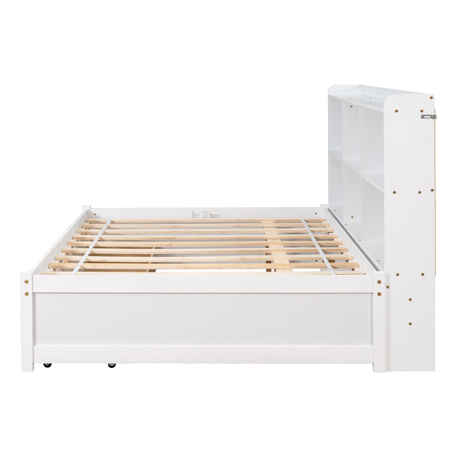 Full Bed With Side Bookcase, Drawers,White White Pine