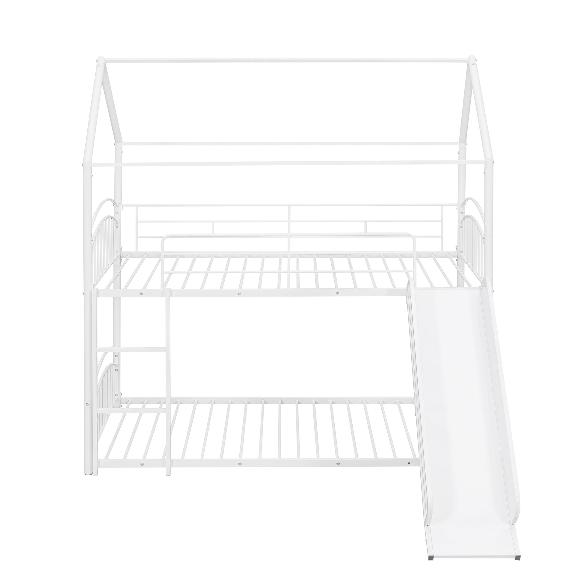 Twin Over Twin Metal Bunk Bed With Slide,Kids House Bed White White Metal