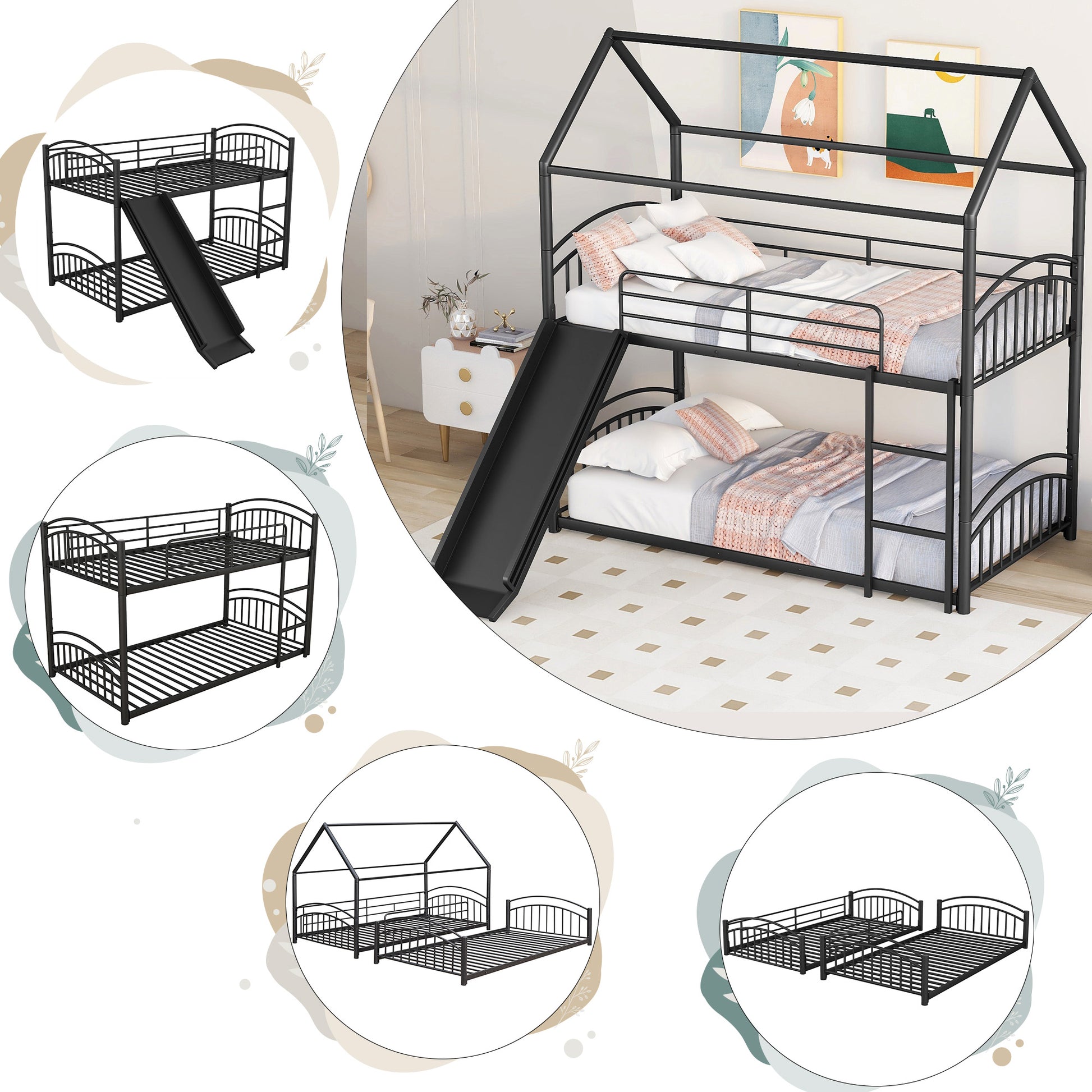 Twin Over Twin Metal Bunk Bed With Slide,Kids House Bed Black Black Metal