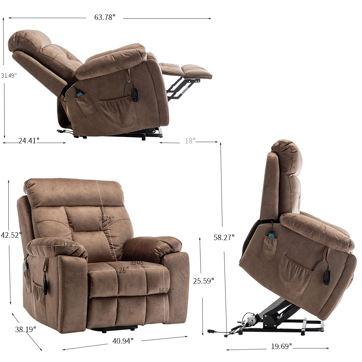 Recliners Lift Chair Relax Sofa Chair Livingroom Furniture Living Room Power Electric Reclining For Elderly Antique Brown Cotton Velvet