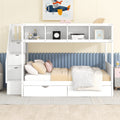 Twin Over Full Bunk Bed With Shelfs, Storage Staircase And 2 Drawers, White White Solid Wood Mdf