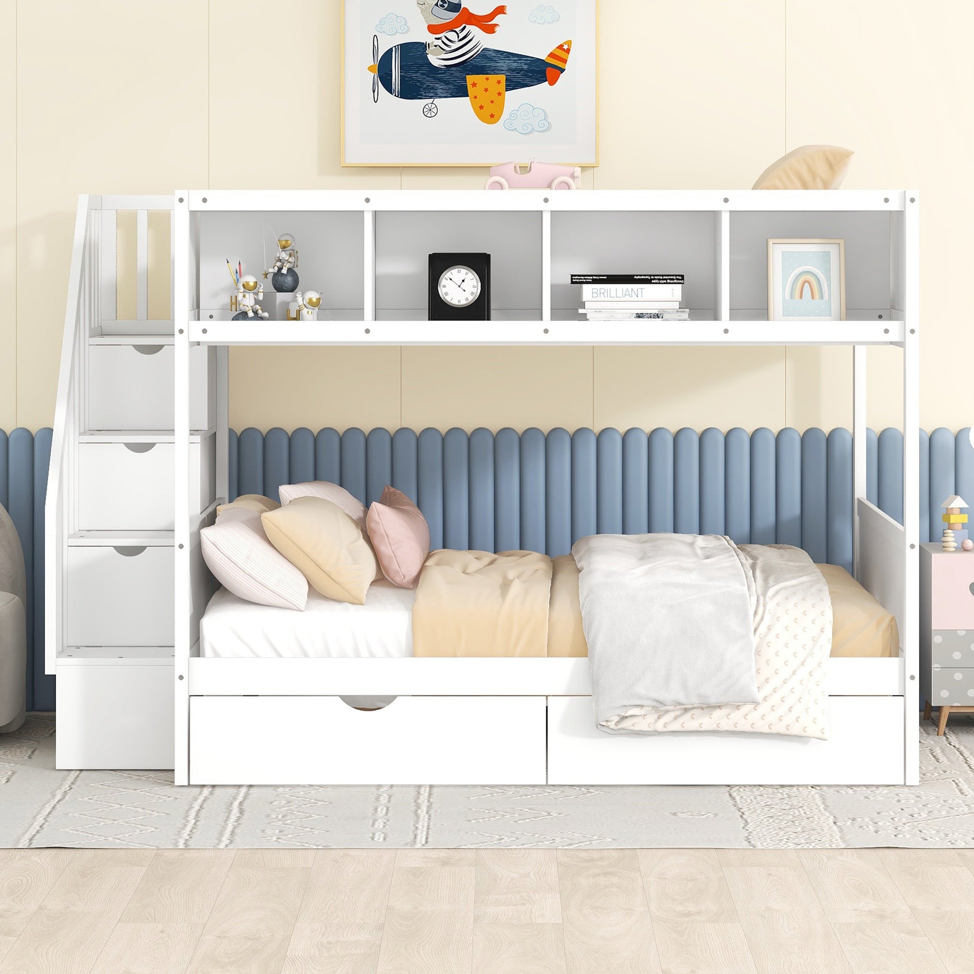 Twin Over Full Bunk Bed With Shelfs, Storage Staircase And 2 Drawers, White White Solid Wood Mdf