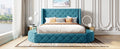 Upholstered Platform Bed Queen Size Storage Velvet Bed With Wingback Headboard And 1 Big Drawer,2 Side Storage Stool Blue Blue Upholstered