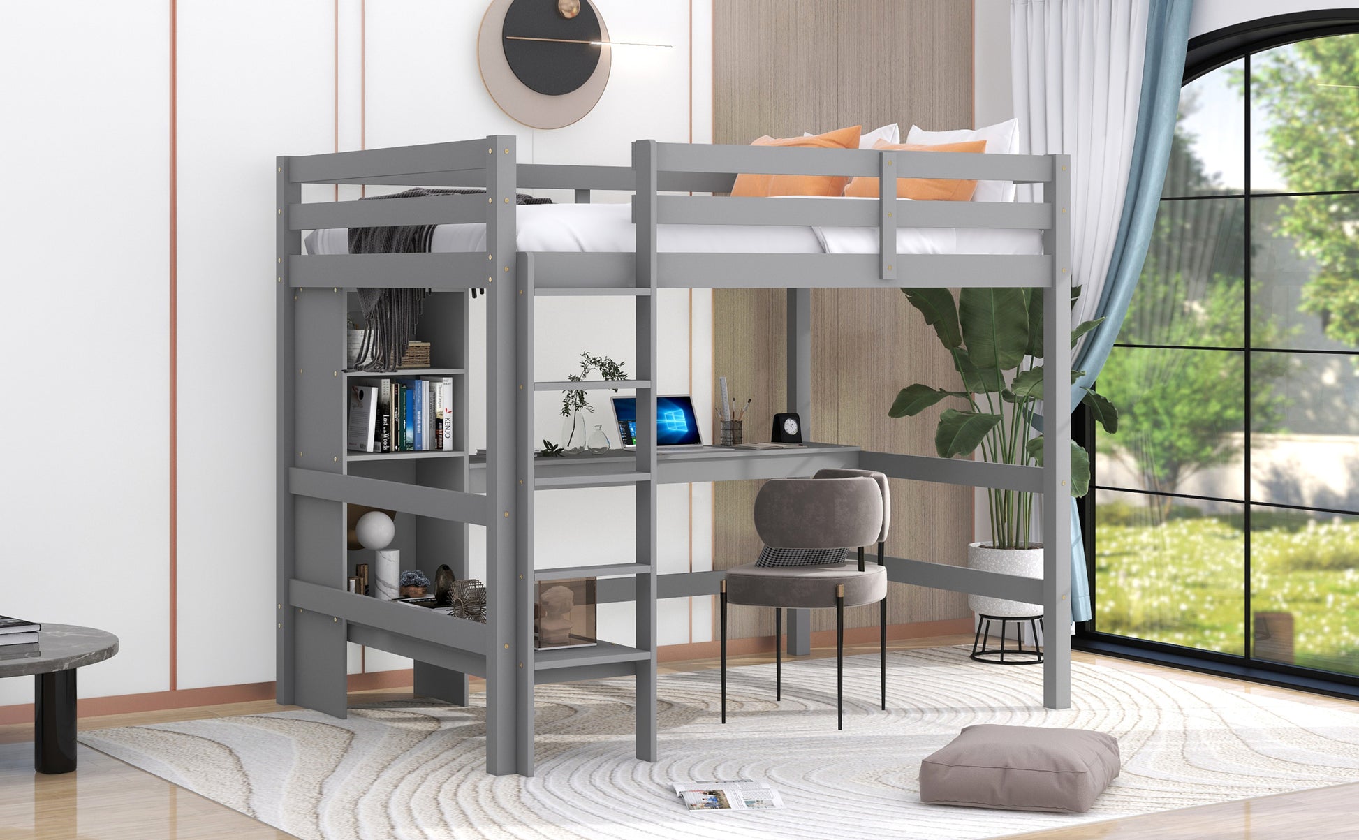 Full Size Loft Bed With Multifunction Shelves And Under Bed Desk, Gray Gray Pine