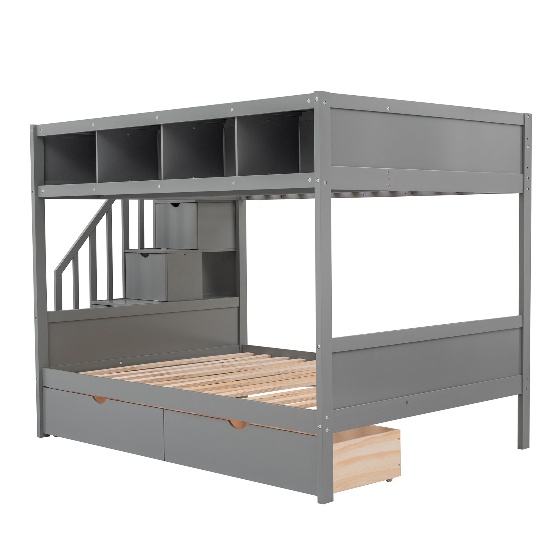 Twin Over Full Bunk Bed With Shelfs, Storage Staircase And 2 Drawers, Gray Gray Solid Wood Mdf