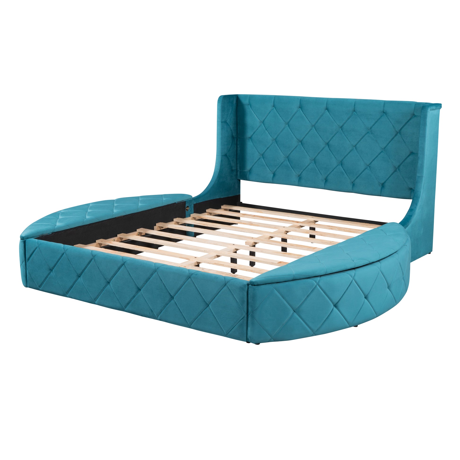 Upholstered Platform Bed Queen Size Storage Velvet Bed With Wingback Headboard And 1 Big Drawer,2 Side Storage Stool Blue Blue Upholstered